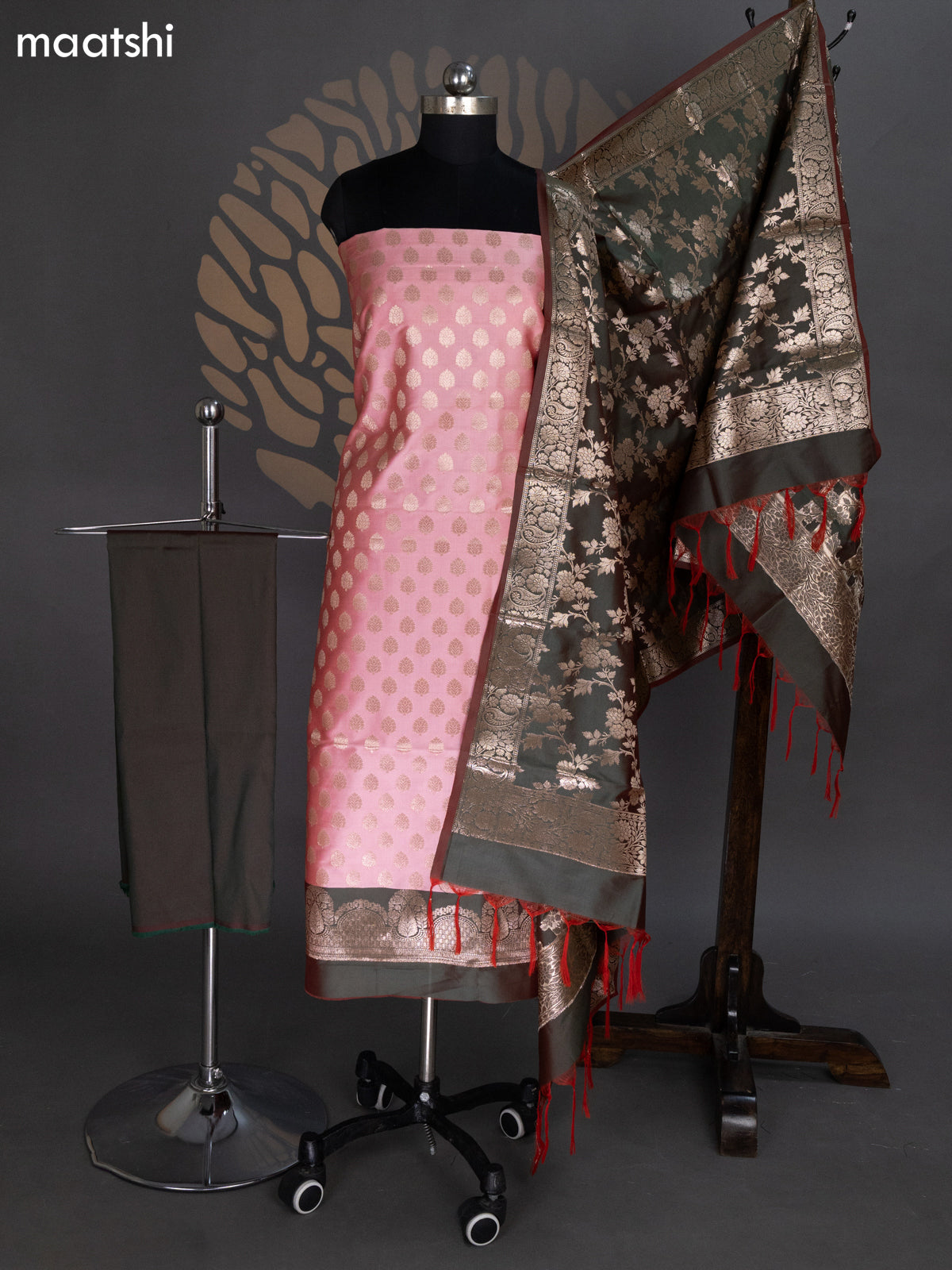 Peach Pink and Dual Shade Of Green Banarasi Silk Dress Material With Allover Zari Buttas