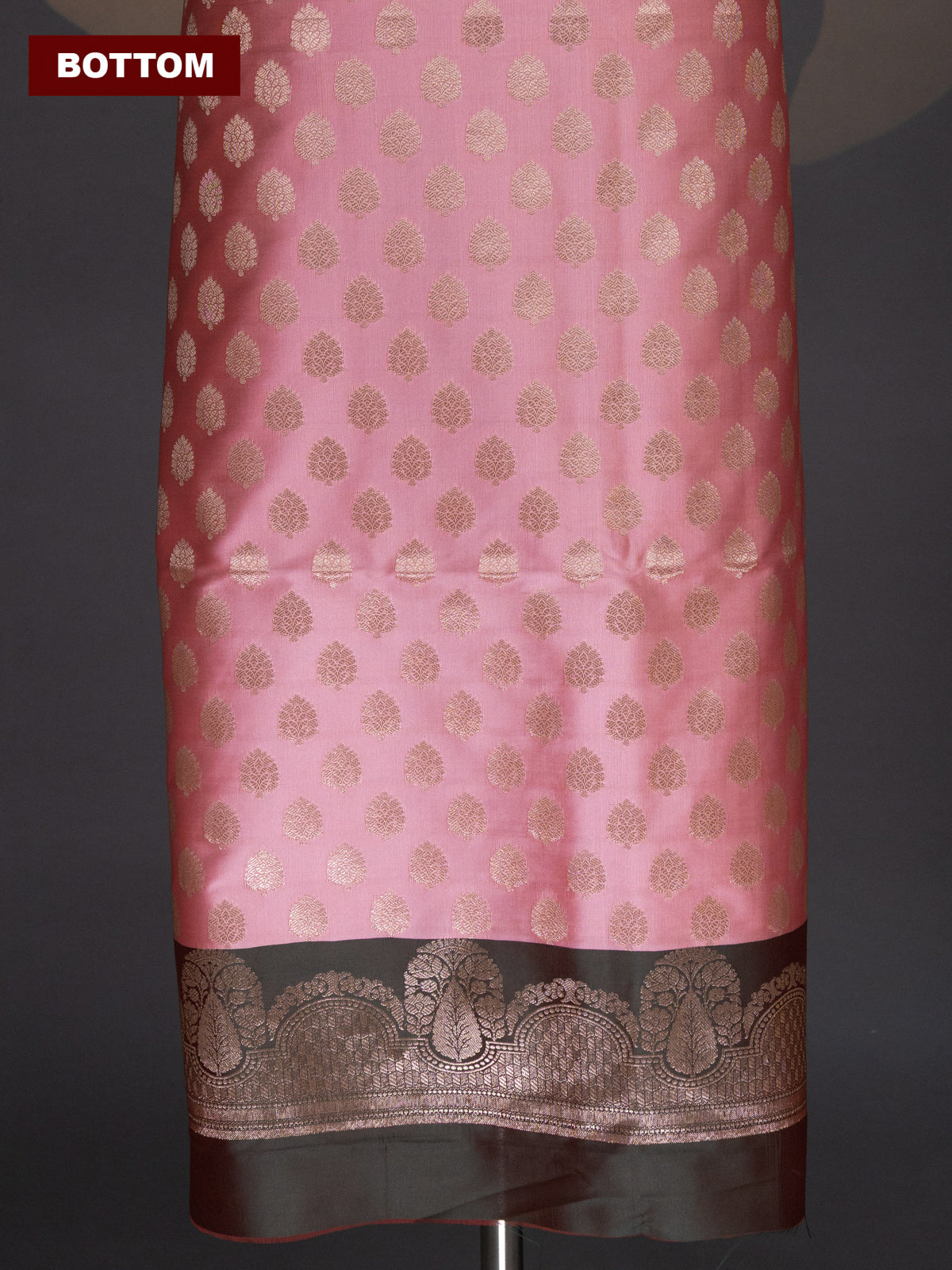 Peach Pink and Dual Shade Of Green Banarasi Silk Dress Material With Allover Zari Buttas