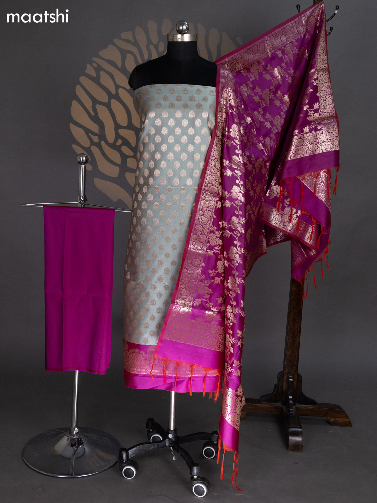 Pastel Green and Dual Shade Of Magenta Pink Banarasi Silk Dress Material With Allover Zari Buttas