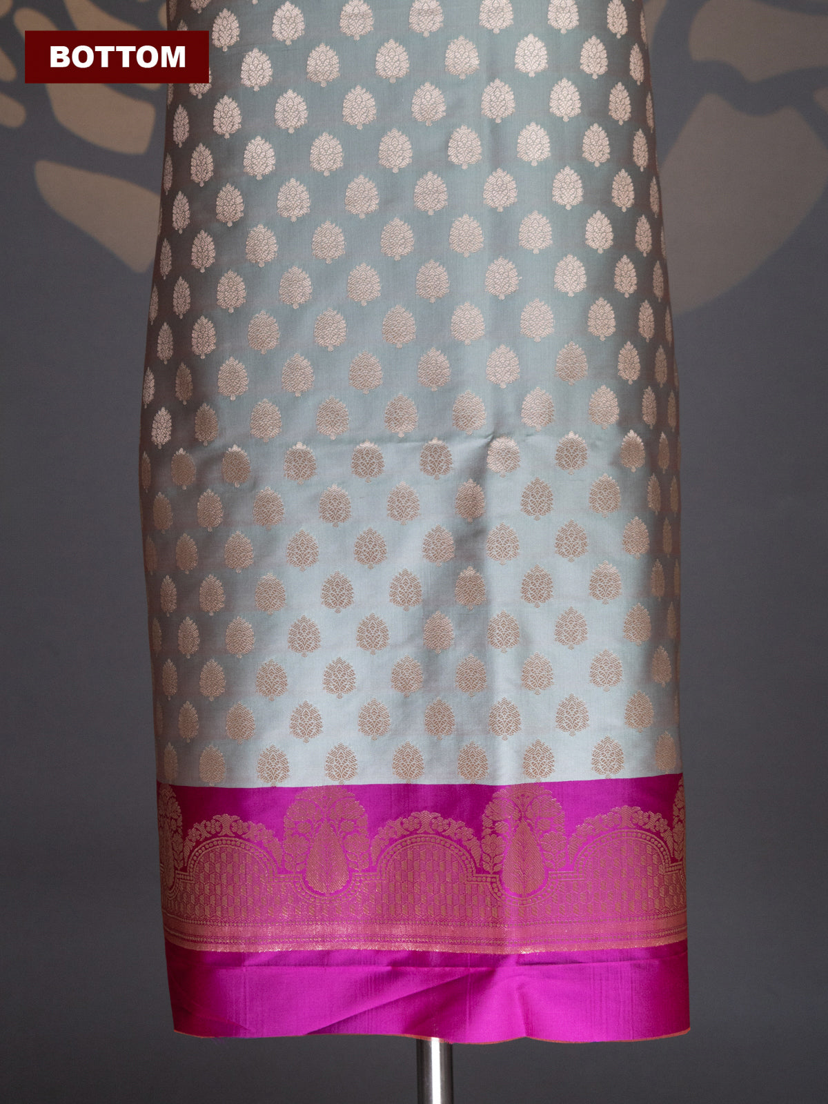 Pastel Green and Dual Shade Of Magenta Pink Banarasi Silk Dress Material With Allover Zari Buttas
