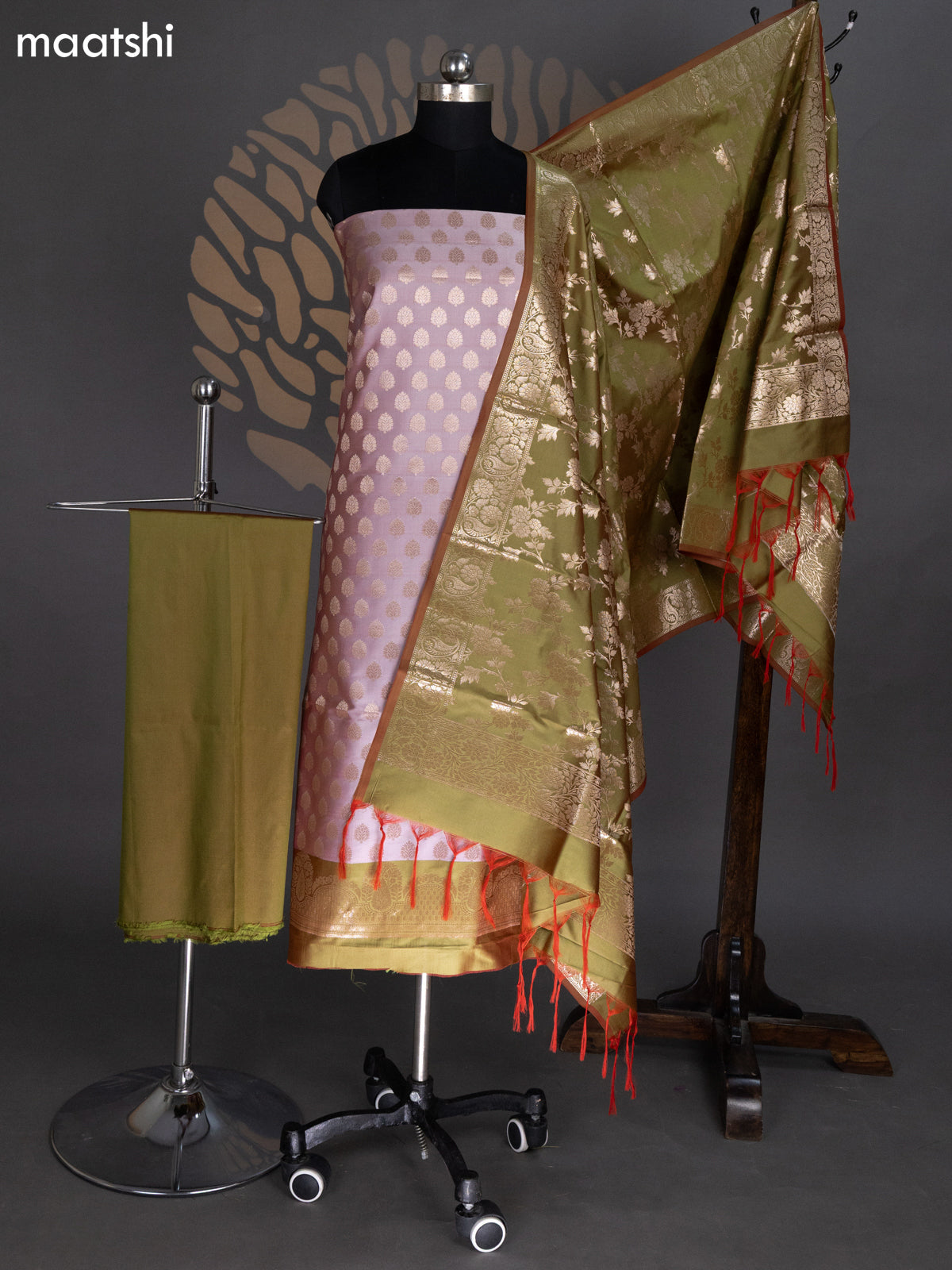 Dual Shade Of Grey and Dual Shade Of Green Banarasi Silk Dress Material With Allover Zari Buttas