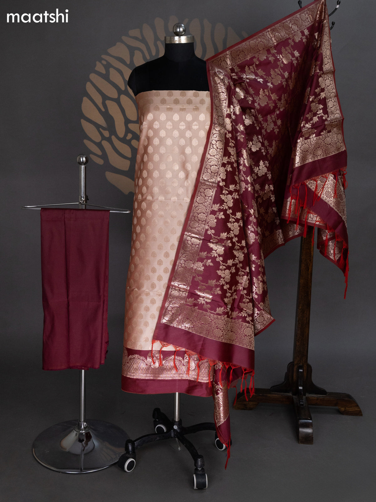 Dual Shade Of Sandal and Maroon Banarasi Silk Dress Material With Allover Zari Buttas