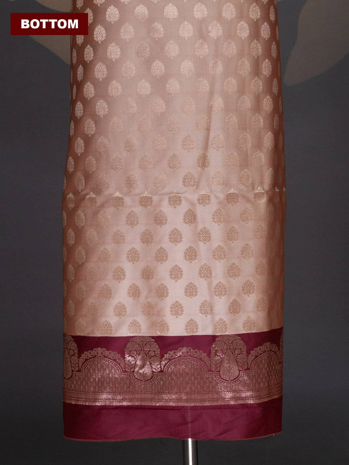 Dual Shade Of Sandal and Maroon Banarasi Silk Dress Material With Allover Zari Buttas
