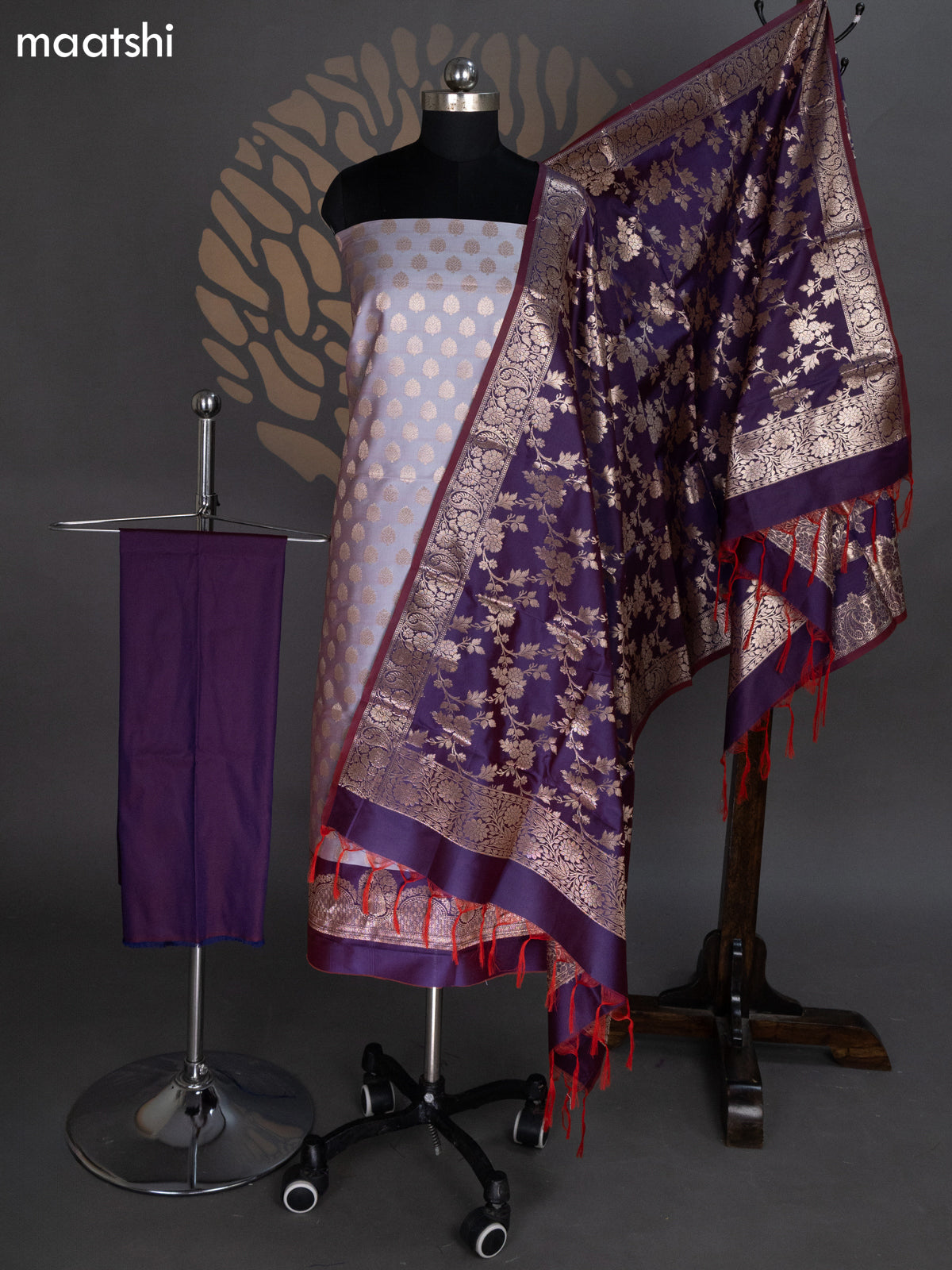 Dual Shade Of Grey and Dual Shade Of Purple Banarasi Silk Dress Material With Allover Zari Buttas