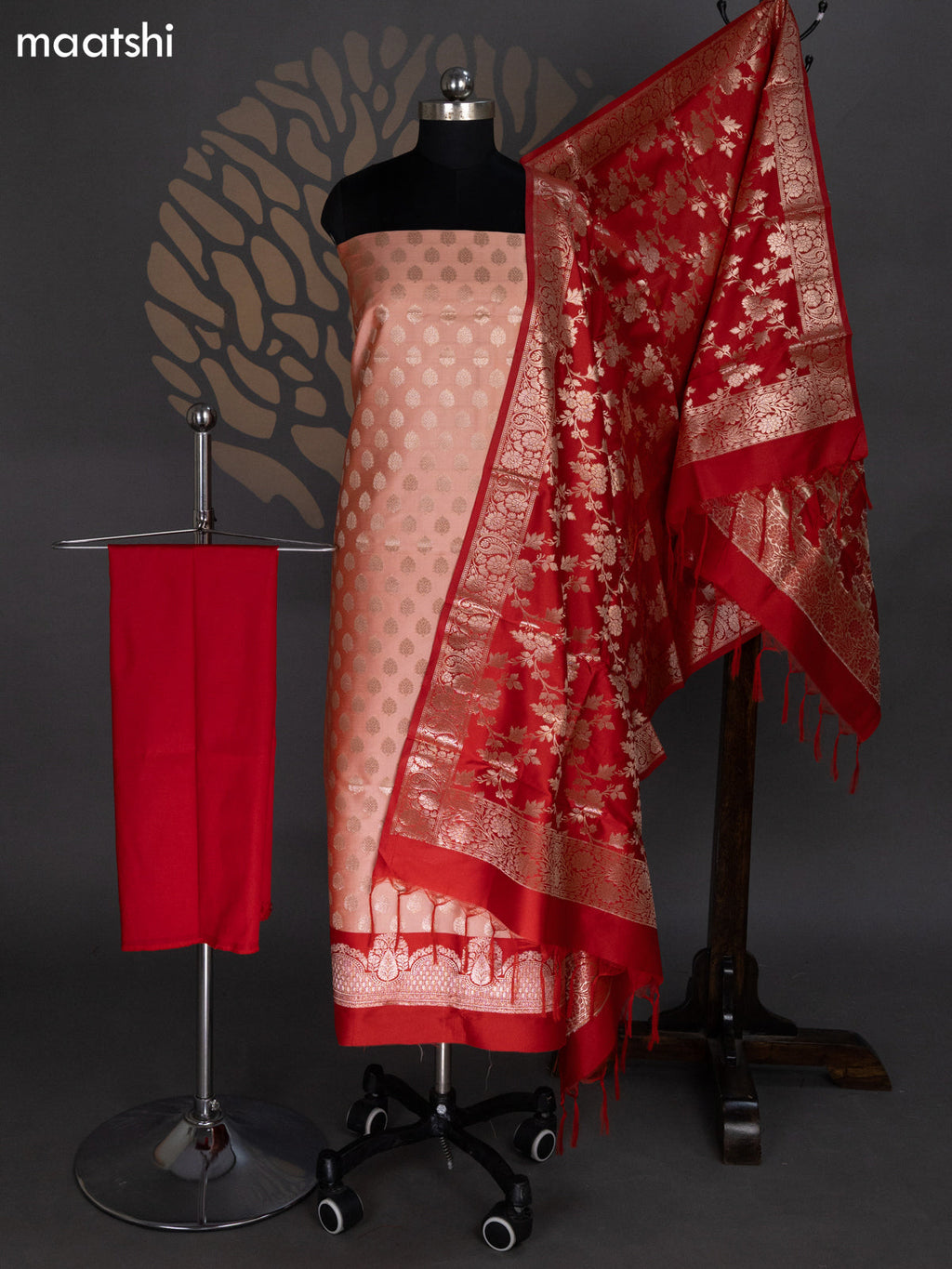 Peach Orange and Red Banarasi Silk Dress Material With Allover Zari Buttas