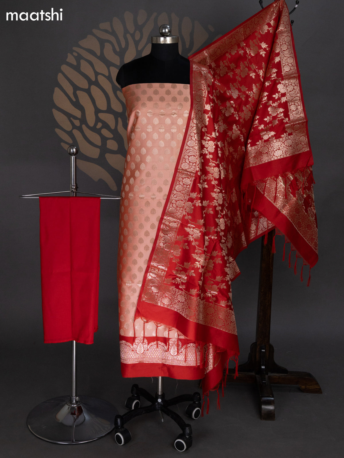 Peach Orange and Red Banarasi Silk Dress Material With Allover Zari Buttas