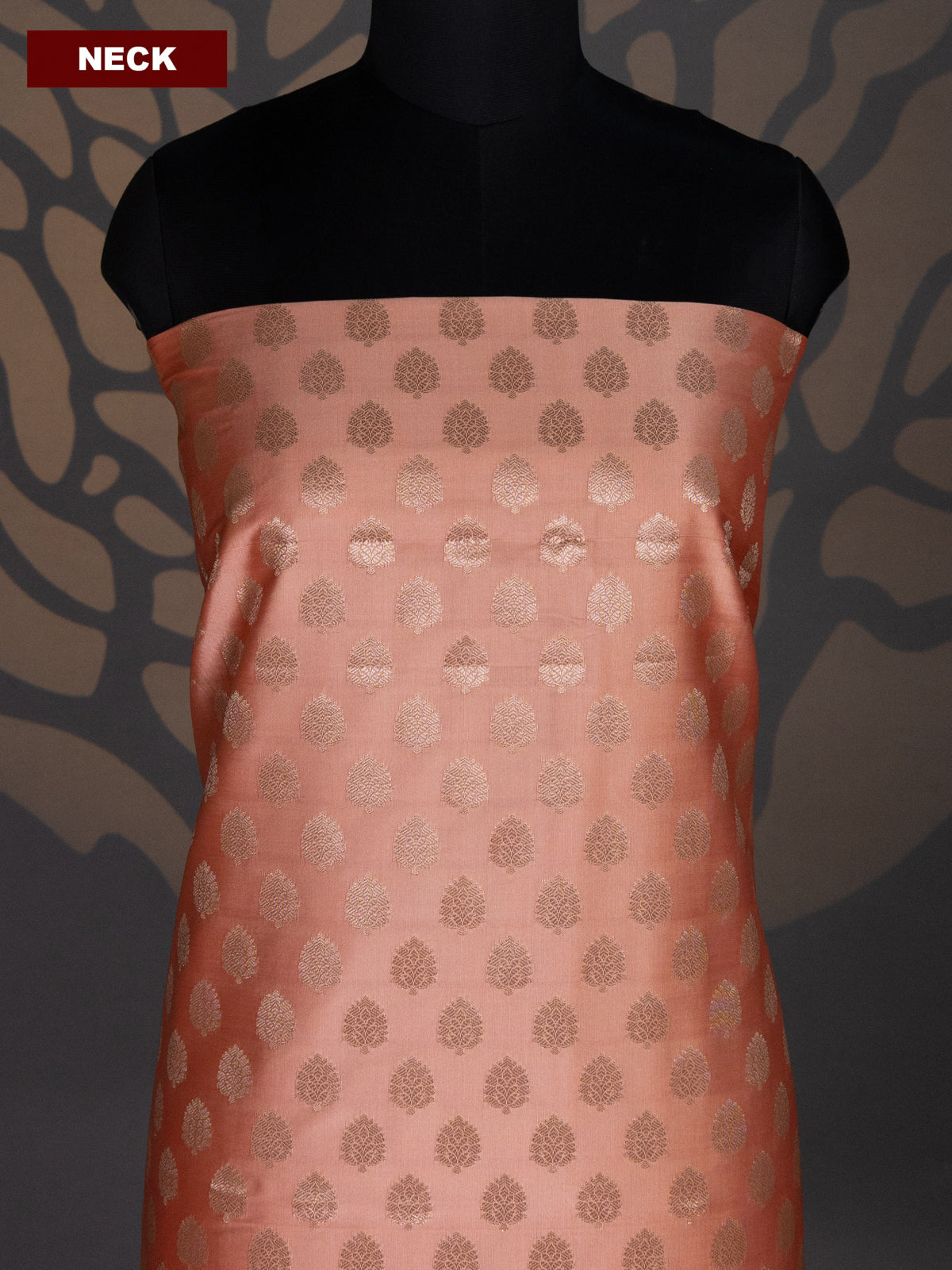 Peach Orange and Red Banarasi Silk Dress Material With Allover Zari Buttas