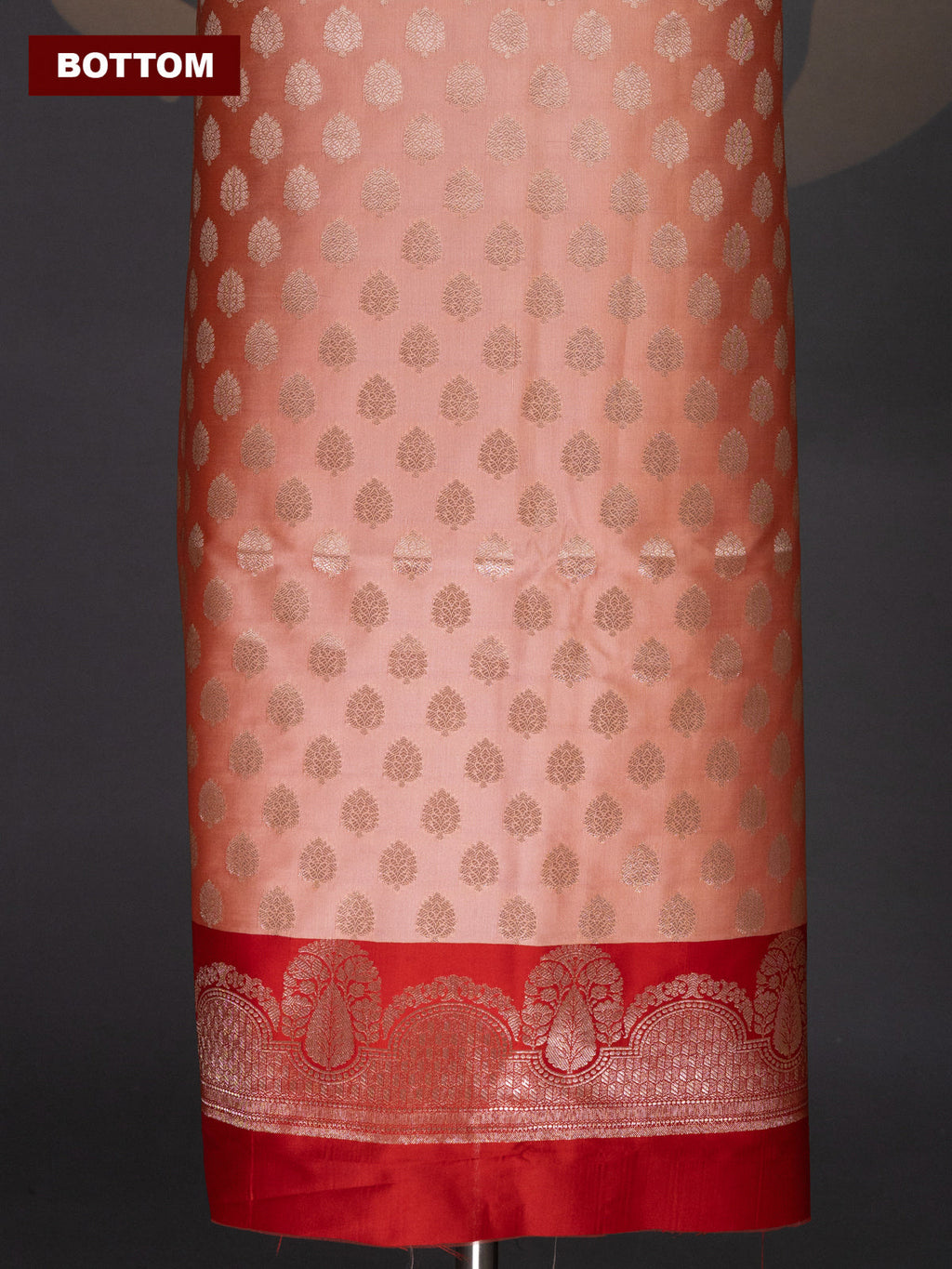 Peach Orange and Red Banarasi Silk Dress Material With Allover Zari Buttas