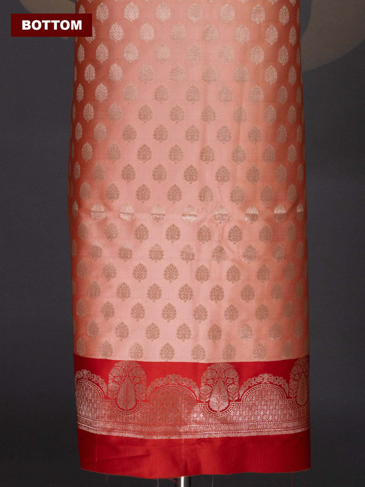 Peach Orange and Red Banarasi Silk Dress Material With Allover Zari Buttas