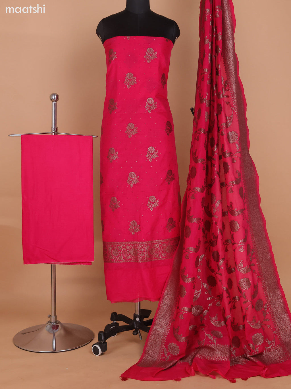 Pink Banarasi Raw Silk Dress Material With Woven Buttas and Bottom & Banarasi Dupatta