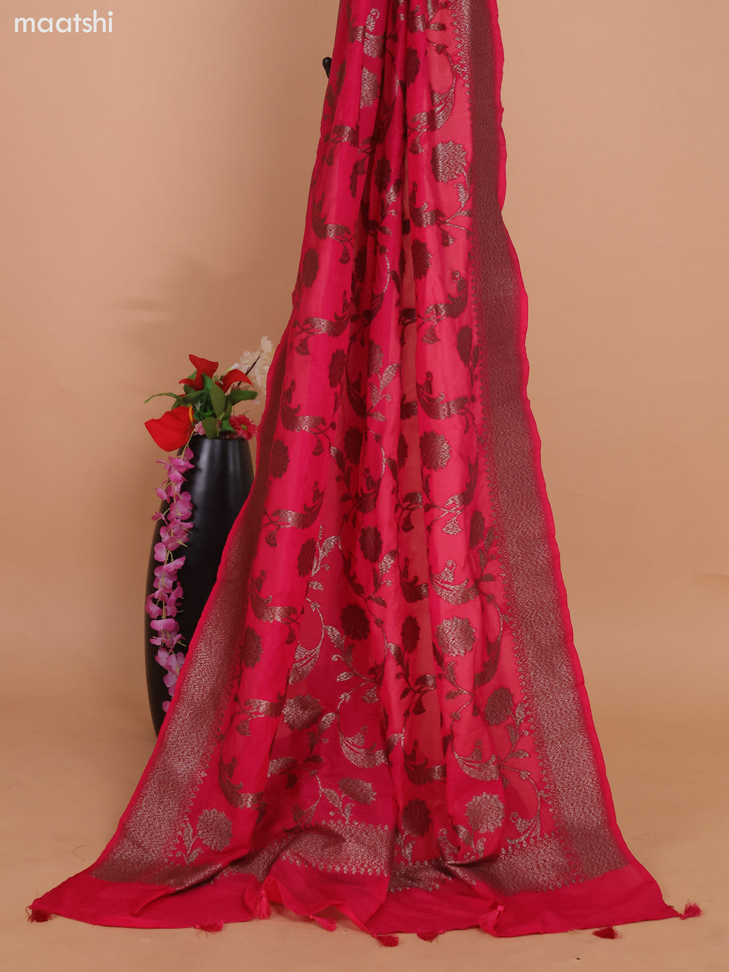 Pink Banarasi Raw Silk Dress Material With Woven Buttas and Bottom & Banarasi Dupatta