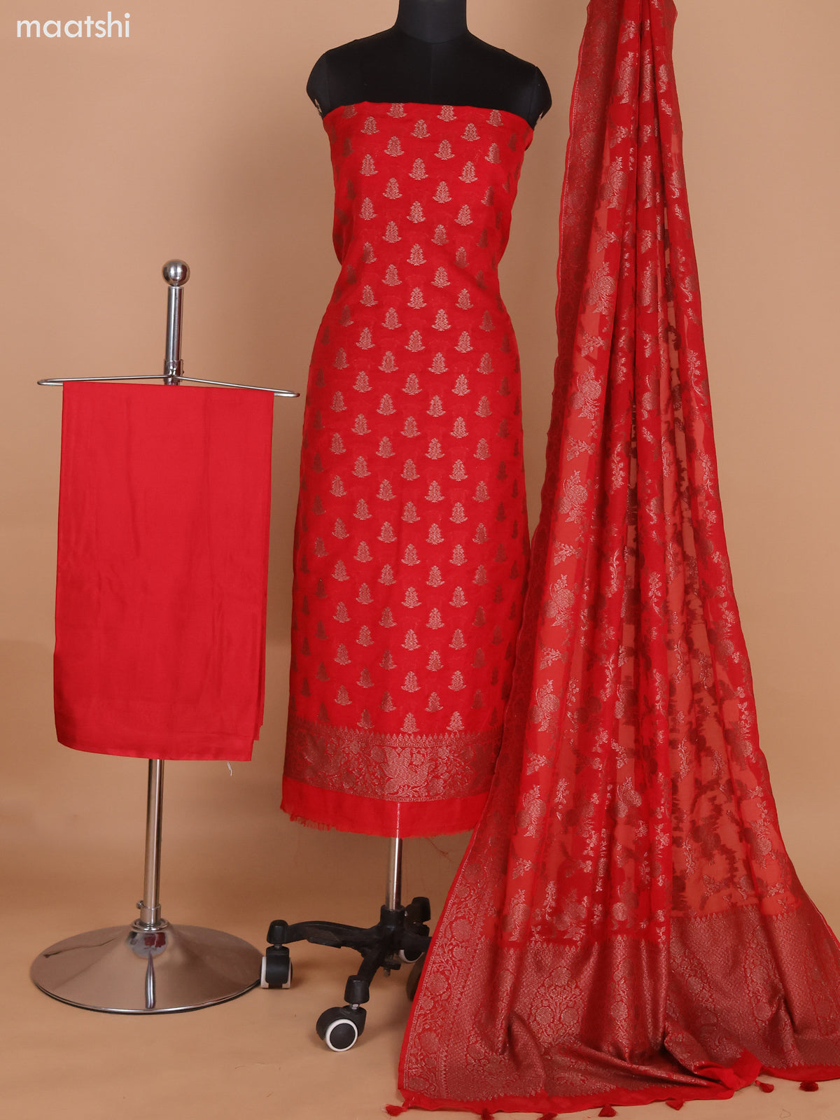 Red Banarasi Semi Georgette Dress Material With Allover Woven Buttas and Bottom & Banarasi Dupatta