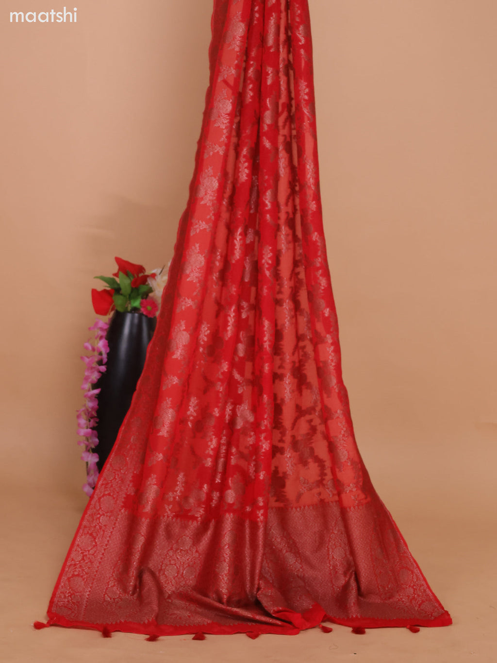 Red Banarasi Semi Georgette Dress Material With Allover Woven Buttas and Bottom & Banarasi Dupatta
