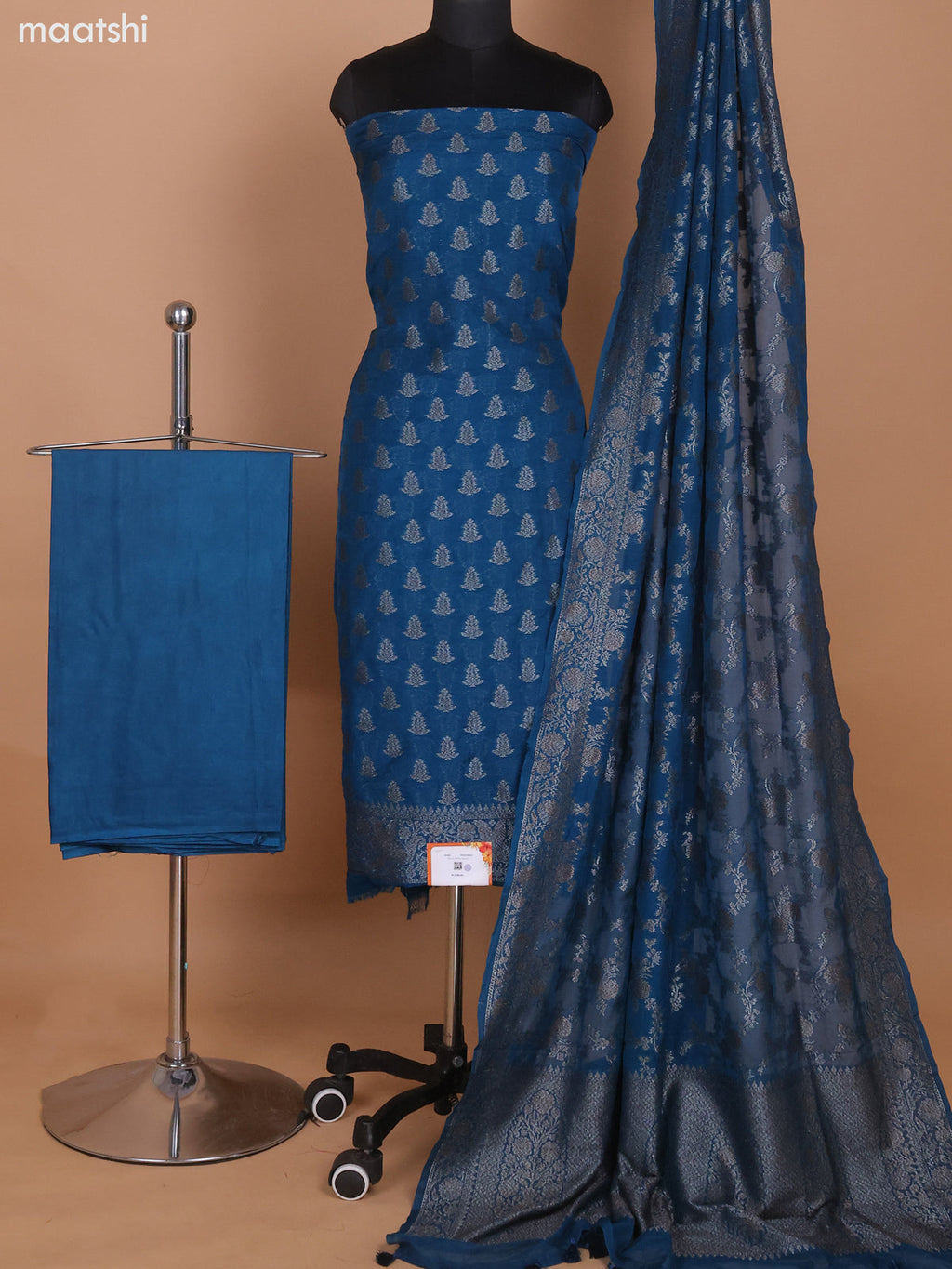 Peacock Blue Banarasi Semi Georgette Dress Material With Allover Woven Buttas and Bottom & Banarasi Dupatta