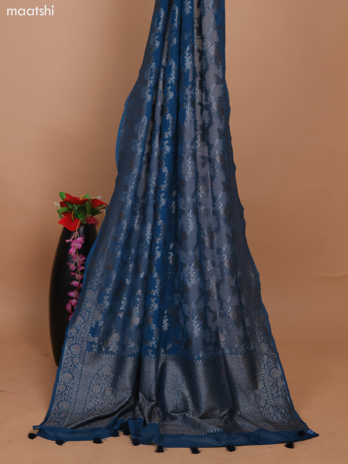 Peacock Blue Banarasi Semi Georgette Dress Material With Allover Woven Buttas and Bottom & Banarasi Dupatta