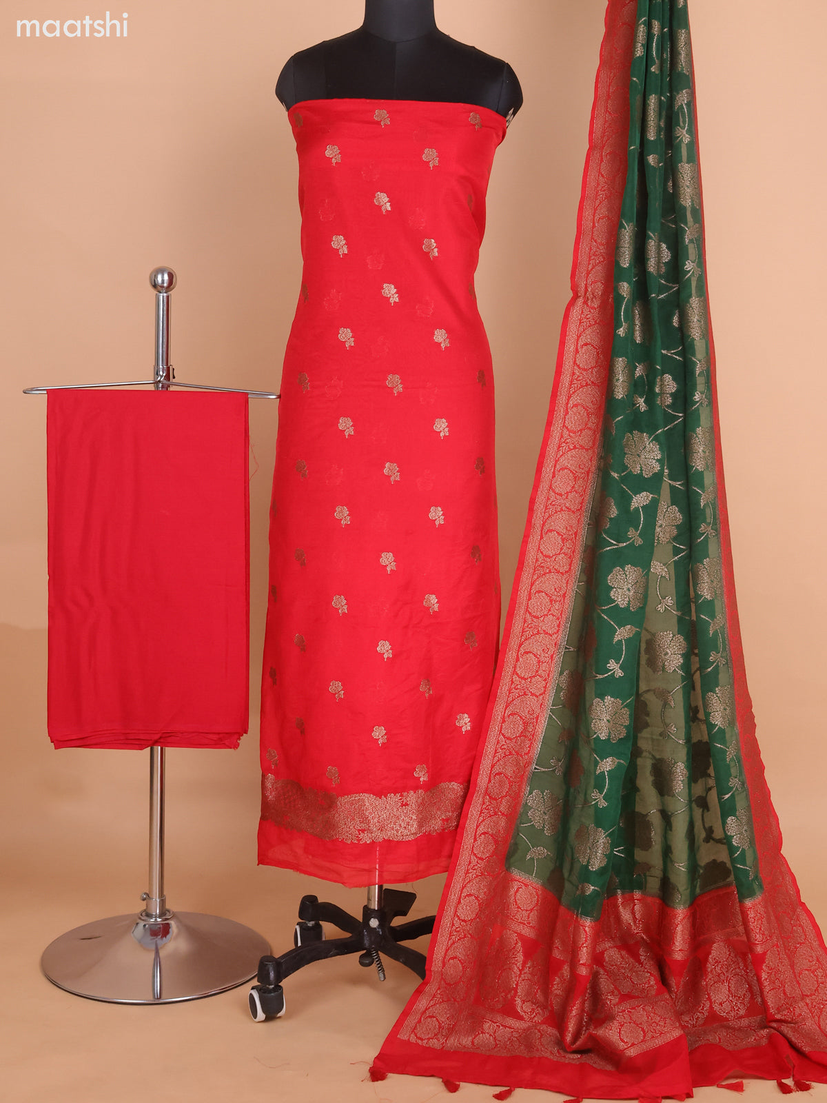 Red and Green Banarasi Raw Silk Dress Material With Woven Buttas and Bottom & Banarasi Dupatta