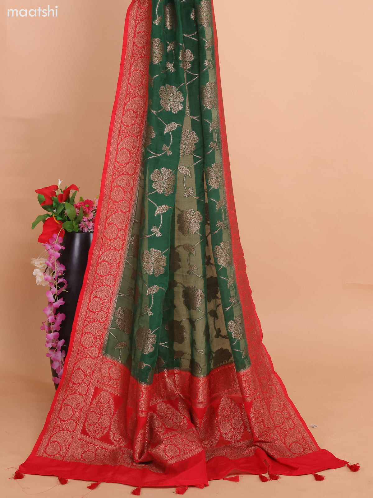 Red and Green Banarasi Raw Silk Dress Material With Woven Buttas and Bottom & Banarasi Dupatta