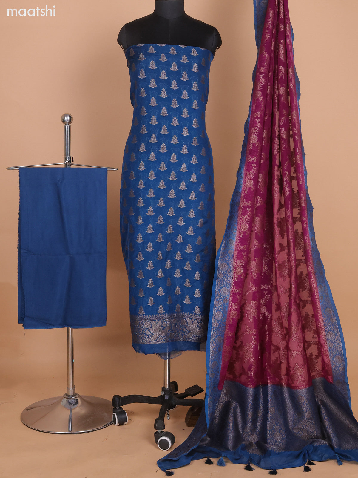Dark Peacock Blue and Purple Banarasi Semi Georgette Dress Material With Allover Woven Buttas and Bottom & Banarasi Dupatta