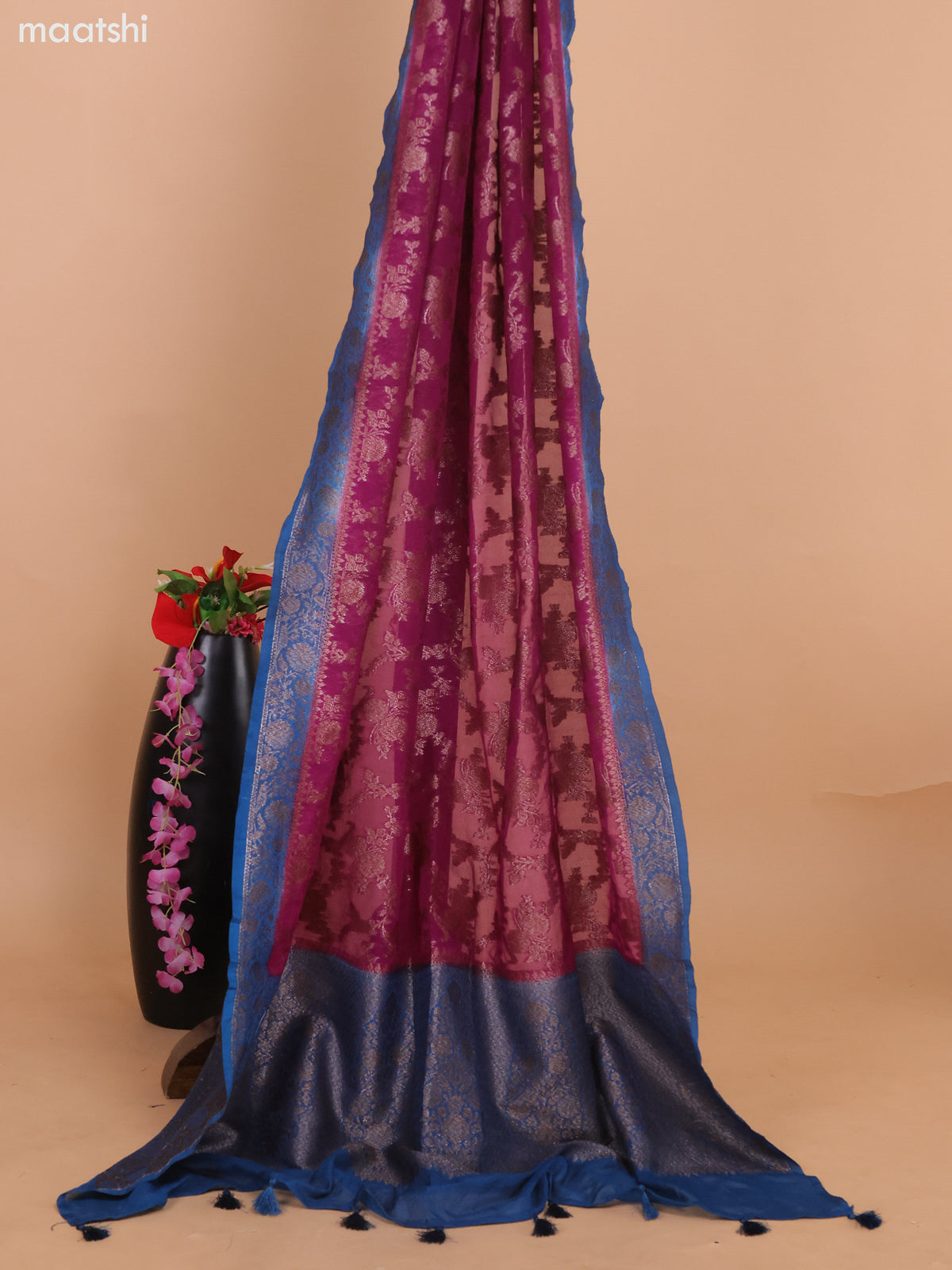 Dark Peacock Blue and Purple Banarasi Semi Georgette Dress Material With Allover Woven Buttas and Bottom & Banarasi Dupatta