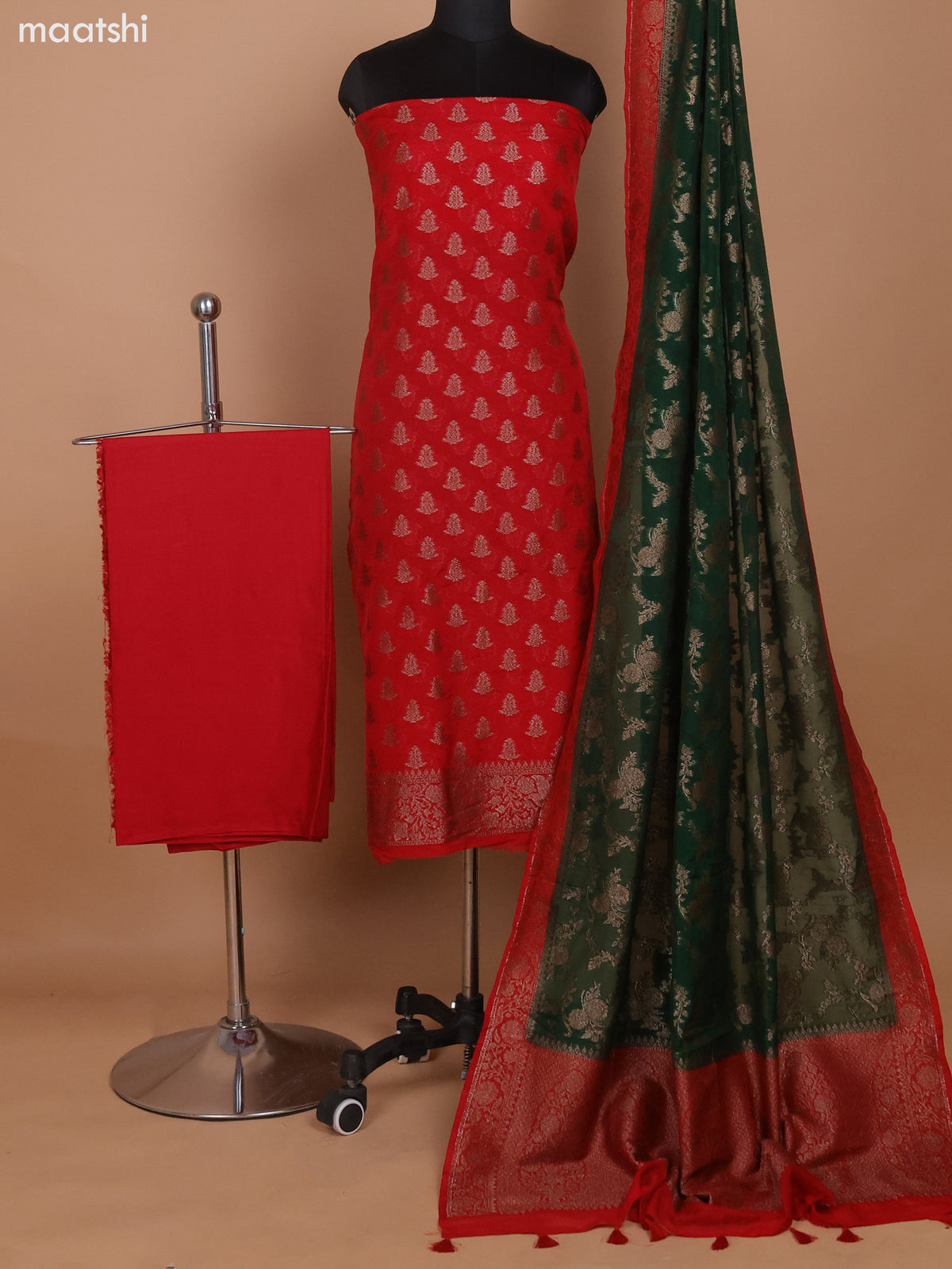Red and Green Banarasi Semi Georgette Dress Material With Allover Woven Buttas and Bottom & Banarasi Dupatta
