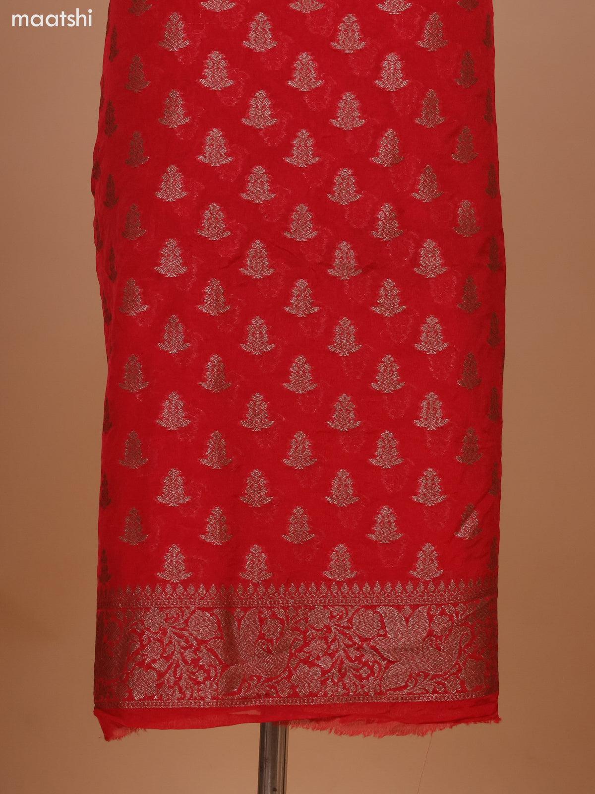 Red and Green Banarasi Semi Georgette Dress Material With Allover Woven Buttas and Bottom & Banarasi Dupatta