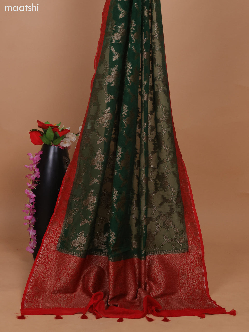 Red and Green Banarasi Semi Georgette Dress Material With Allover Woven Buttas and Bottom & Banarasi Dupatta