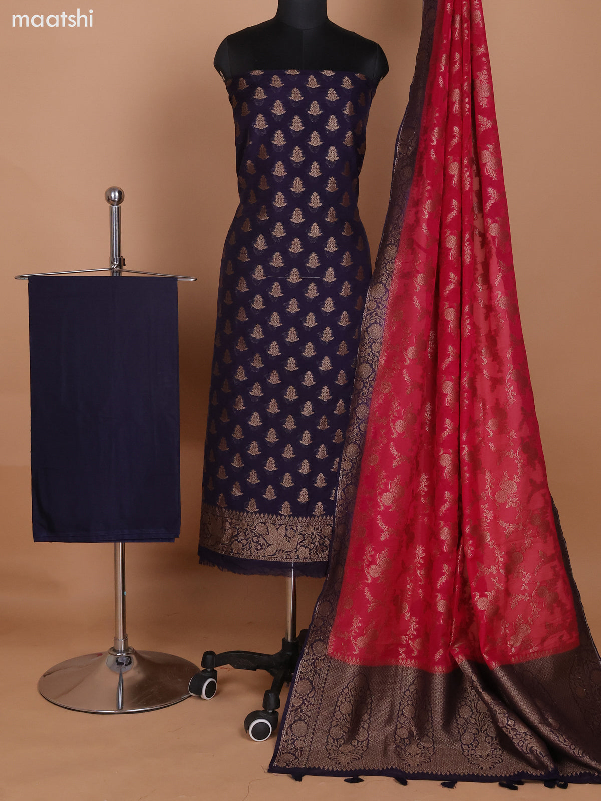 Deep Violet and Pink Banarasi Semi Georgette Dress Material With Allover Woven Buttas and Bottom & Banarasi Dupatta