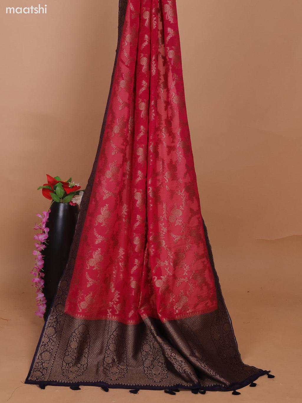 Deep Violet and Pink Banarasi Semi Georgette Dress Material With Allover Woven Buttas and Bottom & Banarasi Dupatta