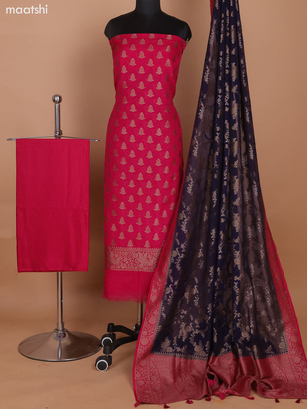Pink and Deep Navy Blue Banarasi Semi Georgette Dress Material With Allover Woven Buttas and Bottom & Banarasi Dupatta