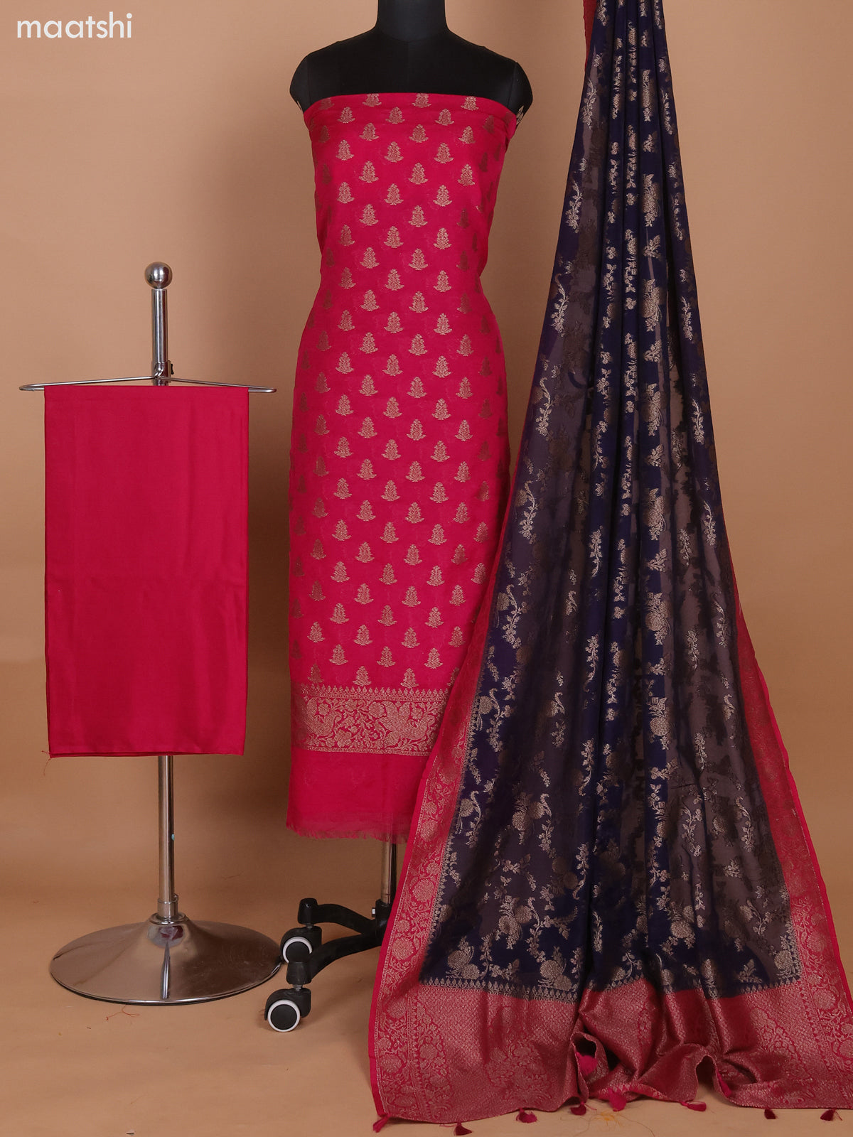 Pink and Deep Navy Blue Banarasi Semi Georgette Dress Material With Allover Woven Buttas and Bottom & Banarasi Dupatta