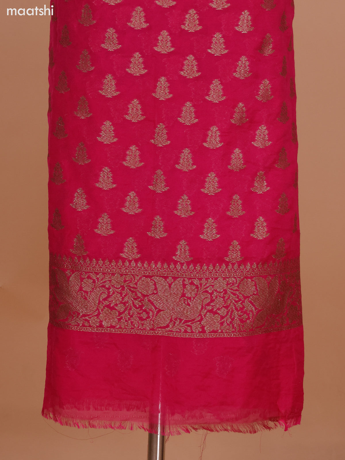 Pink and Deep Navy Blue Banarasi Semi Georgette Dress Material With Allover Woven Buttas and Bottom & Banarasi Dupatta