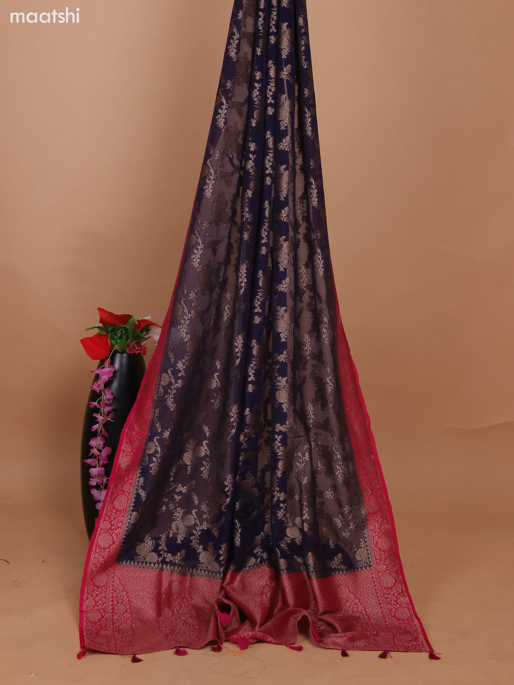 Pink and Deep Navy Blue Banarasi Semi Georgette Dress Material With Allover Woven Buttas and Bottom & Banarasi Dupatta