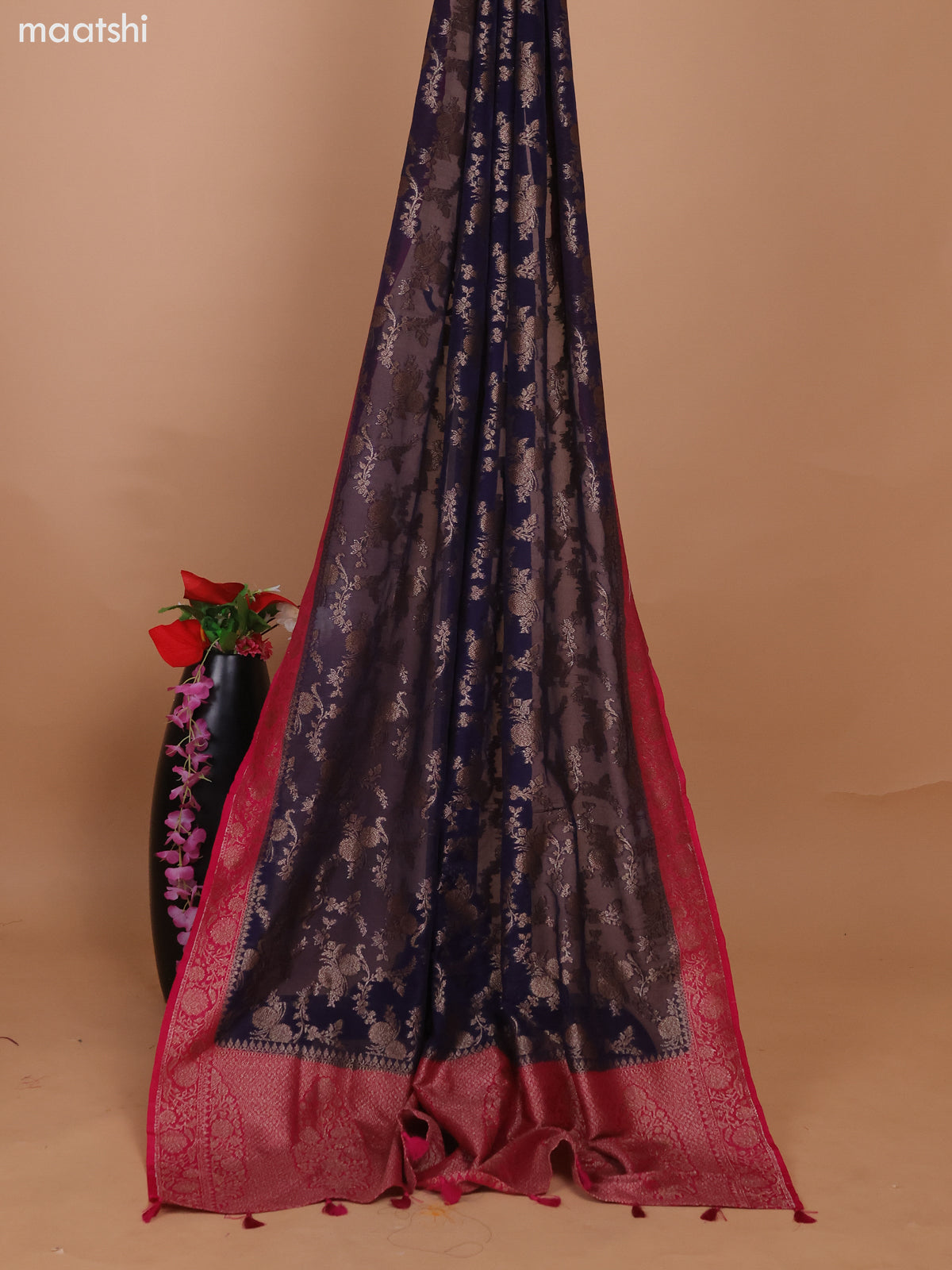 Pink and Deep Navy Blue Banarasi Semi Georgette Dress Material With Allover Woven Buttas and Bottom & Banarasi Dupatta