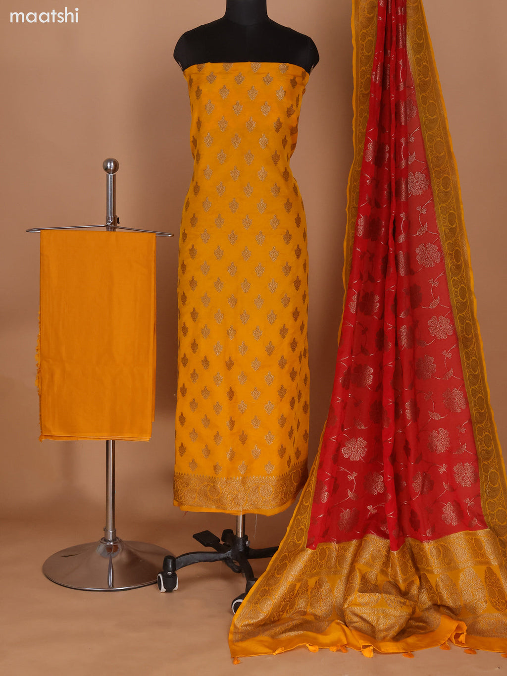 Magenta Pink Banarasi Semi Georgette Dress Material With Allover Woven Buttas and Bottom & Banarasi Dupatta
