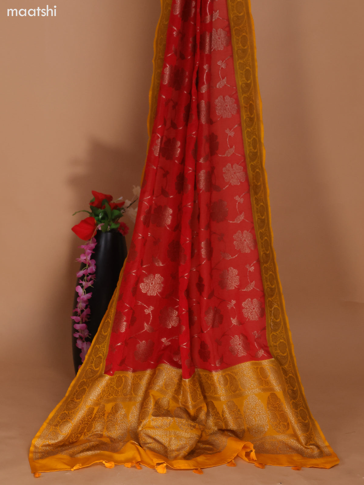 Magenta Pink Banarasi Semi Georgette Dress Material With Allover Woven Buttas and Bottom & Banarasi Dupatta