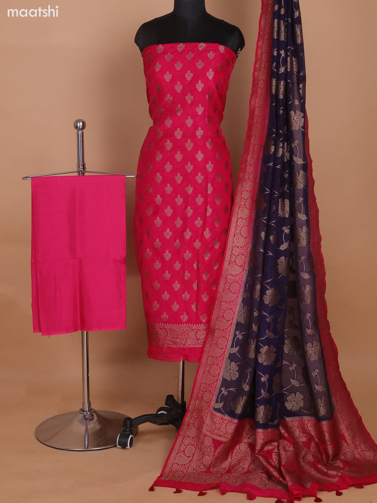 Pink and Deep Violet Banarasi Semi Georgette Dress Material With Allover Woven Buttas and Bottom & Banarasi Dupatta