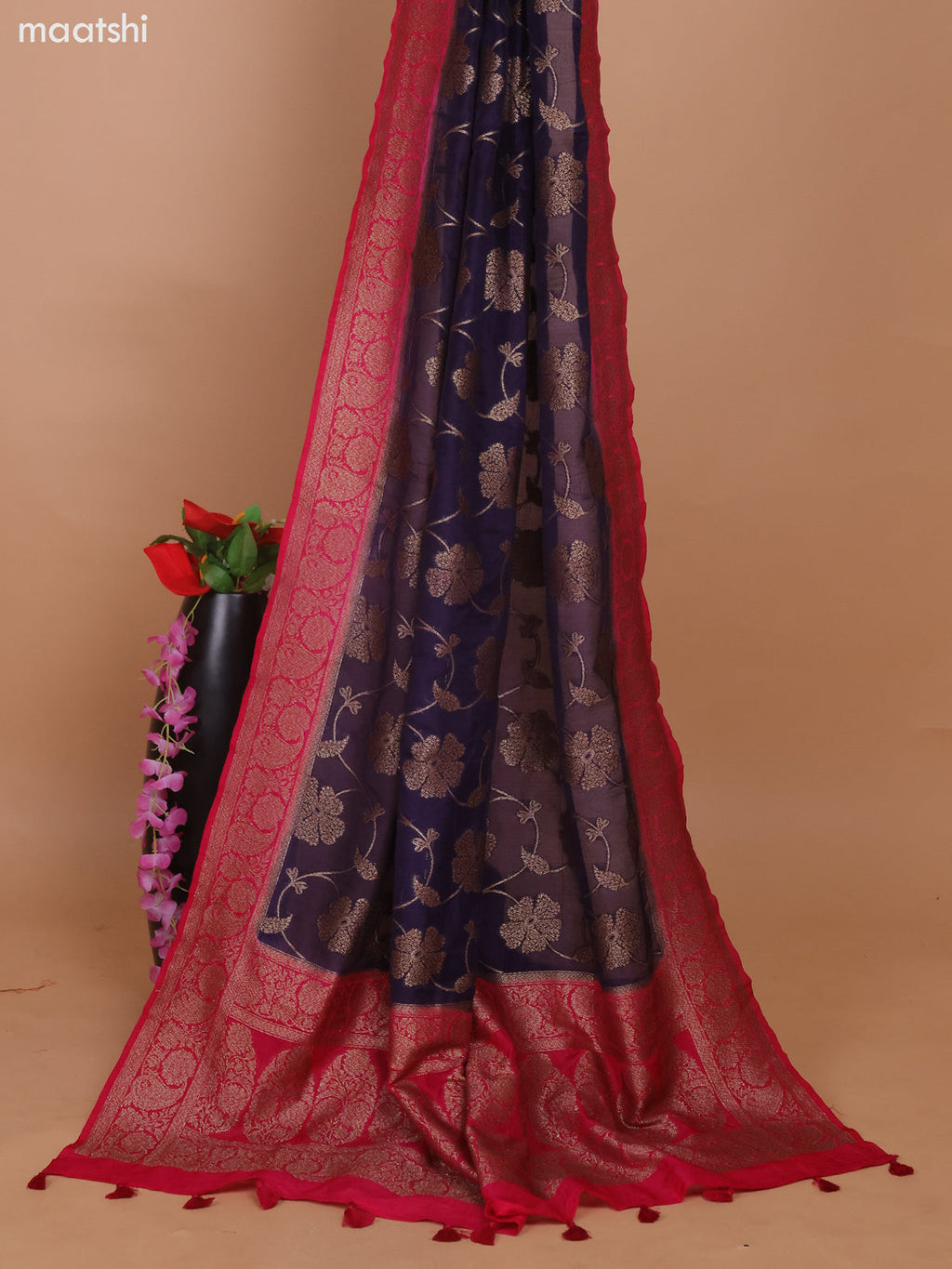 Pink and Deep Violet Banarasi Semi Georgette Dress Material With Allover Woven Buttas and Bottom & Banarasi Dupatta