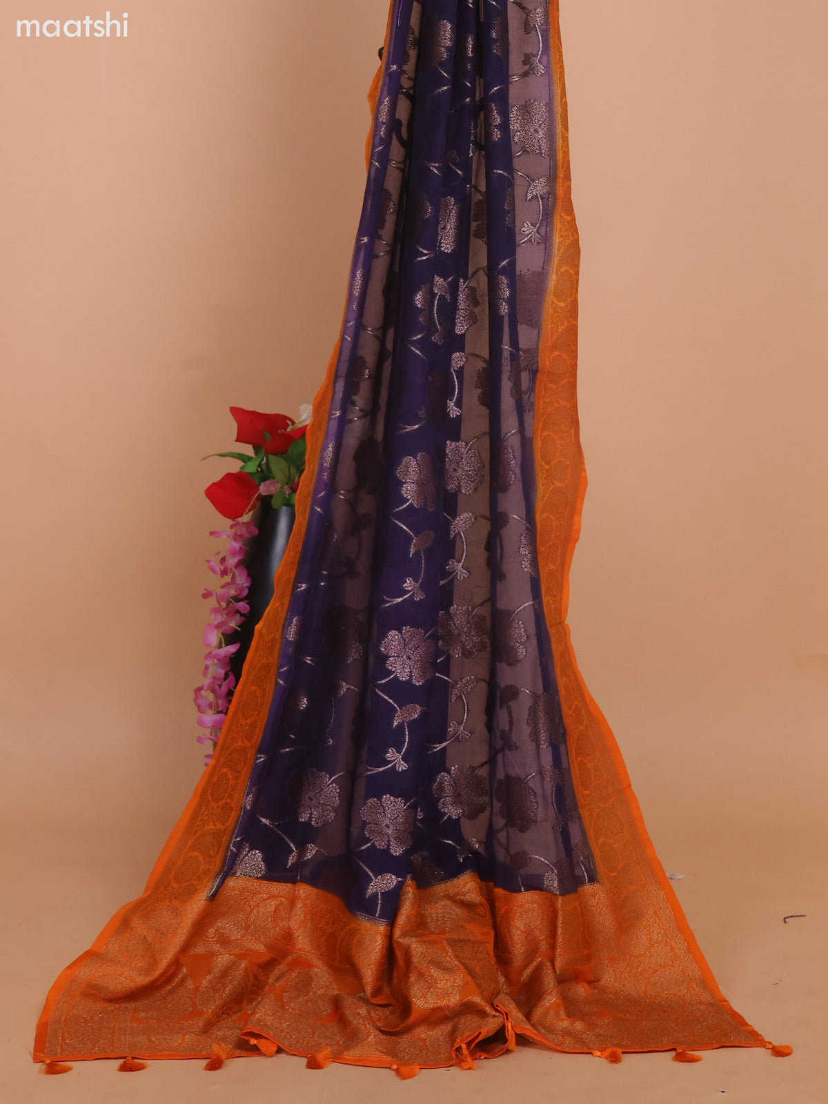 Orange and Navy Blue Banarasi Semi Georgette Dress Material With Allover Woven Buttas and Bottom & Banarasi Dupatta