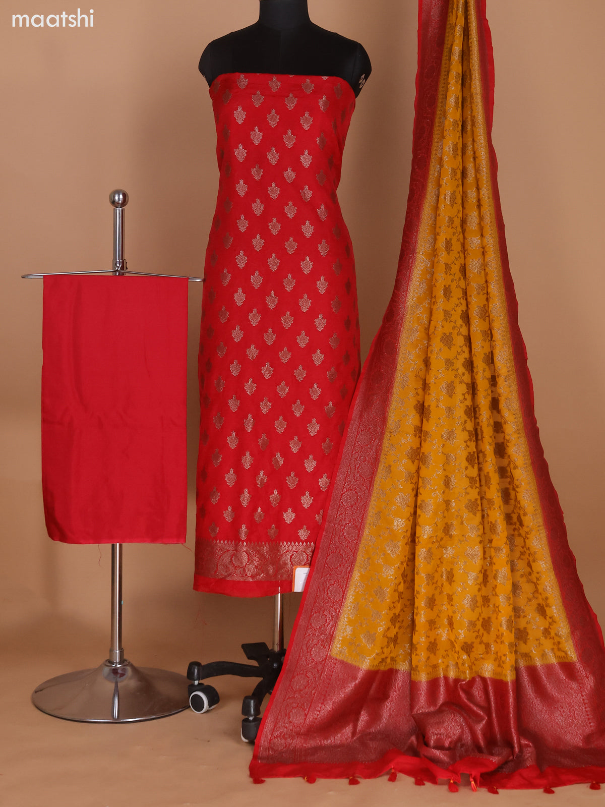 Red and Mango Yellow Banarasi Semi Georgette Dress Material With Allover Woven Buttas and Bottom & Banarasi Dupatta