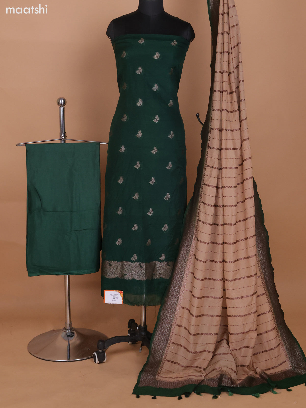 Dark Green and Beige Banarasi Semi Georgette Dress Material With Woven Buttas and Bottom & Banarasi Dupatta