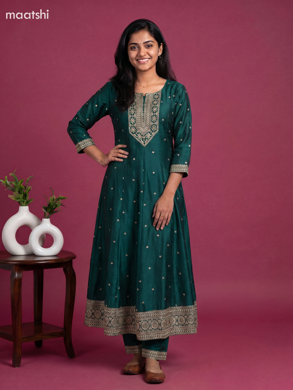 Peacock Green Art Silk Sequin Work Anarkali Suit