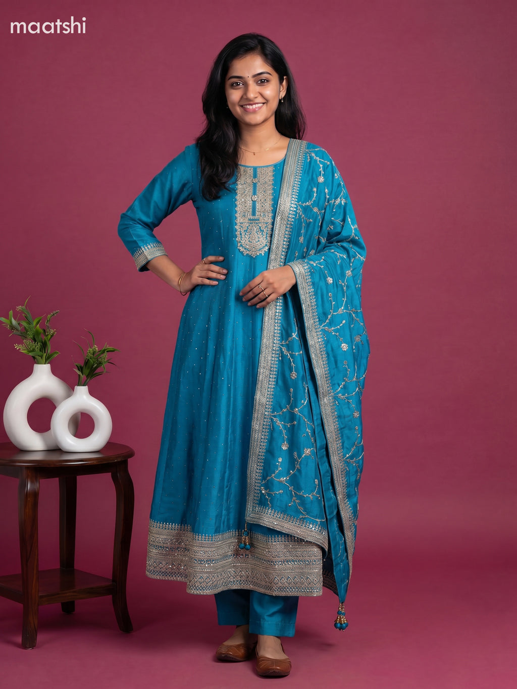 Peacock Blue Art Silk Sequin Work Anarkali Suit