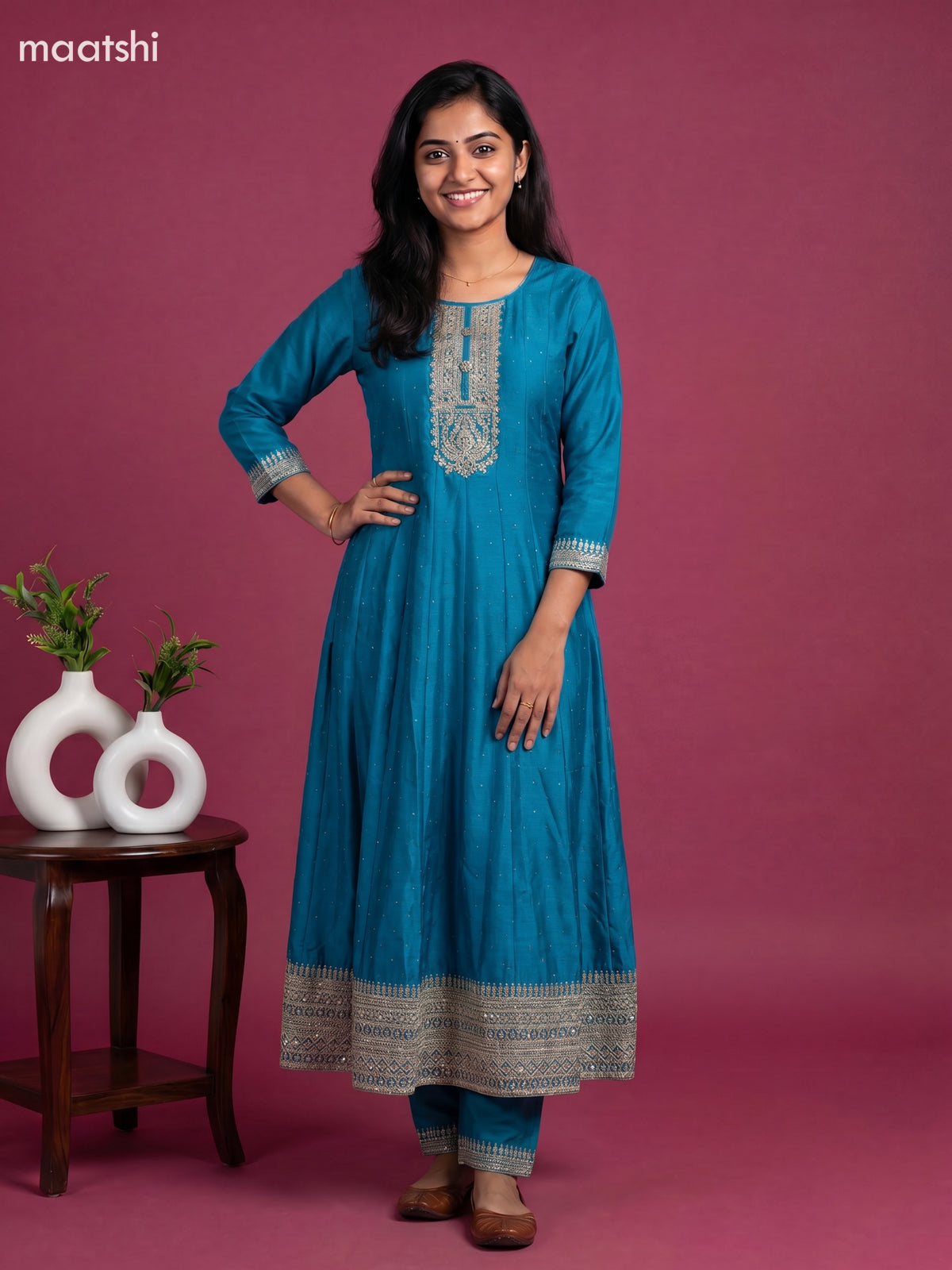 Peacock Blue Art Silk Sequin Work Anarkali Suit