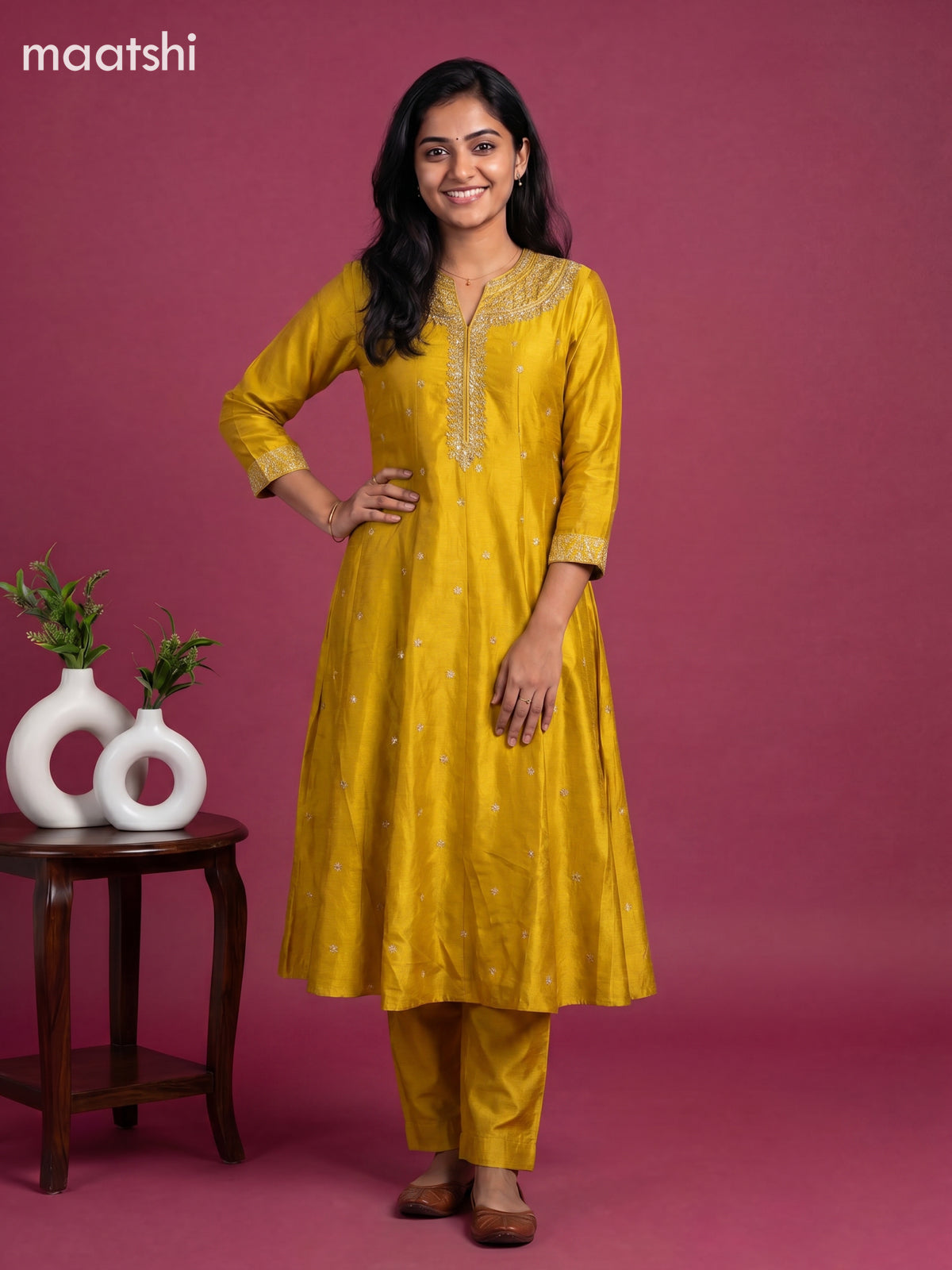 Mustard Yellow Art Silk With Embroidery Work Anarkali Suit