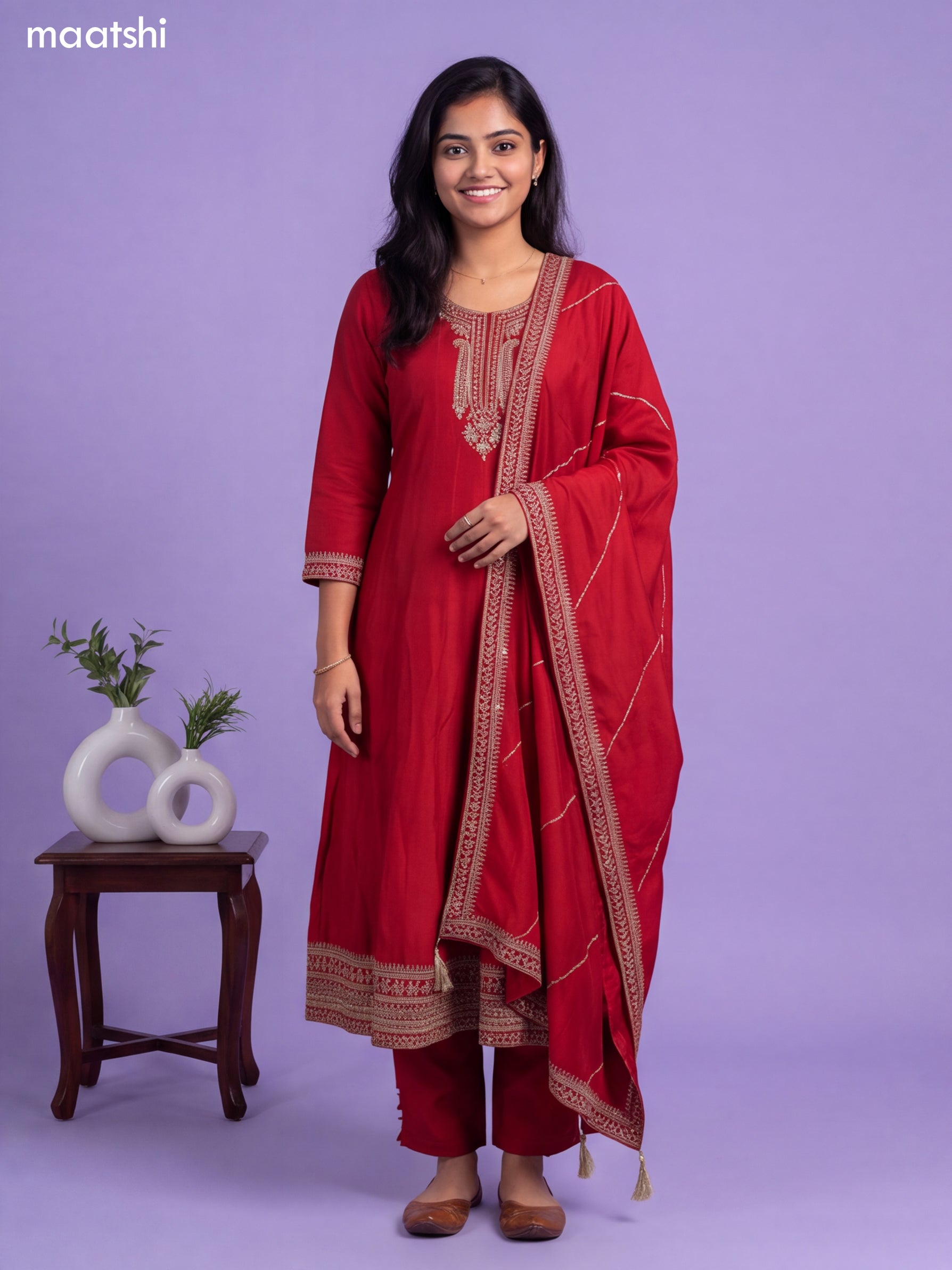 Red Art Silk Sequin Embroiderd Anarkali Suit