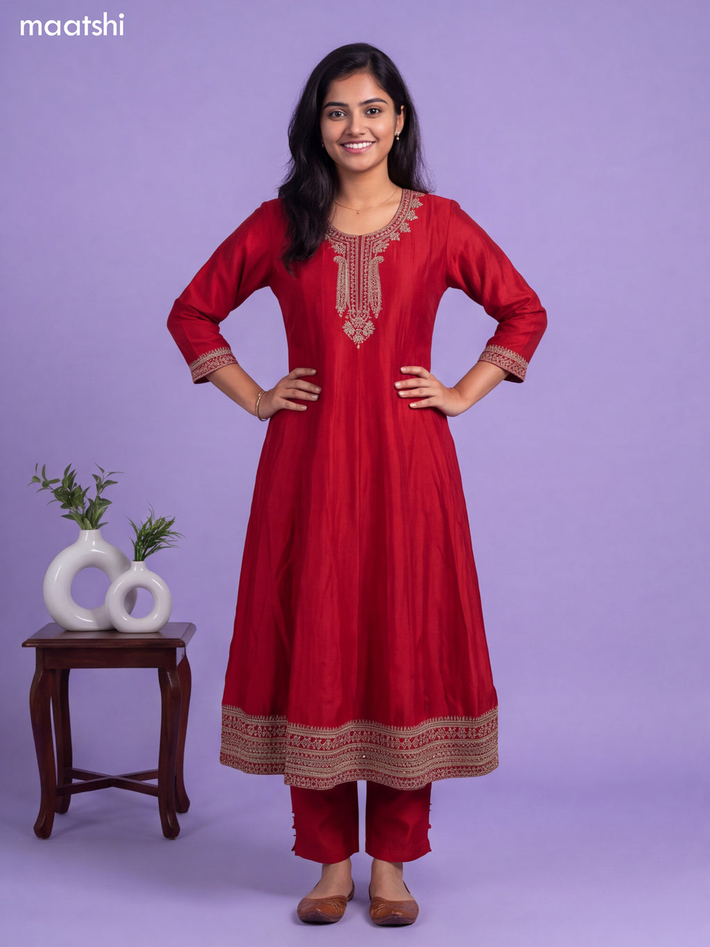 Red Art Silk Sequin Embroiderd Anarkali Suit