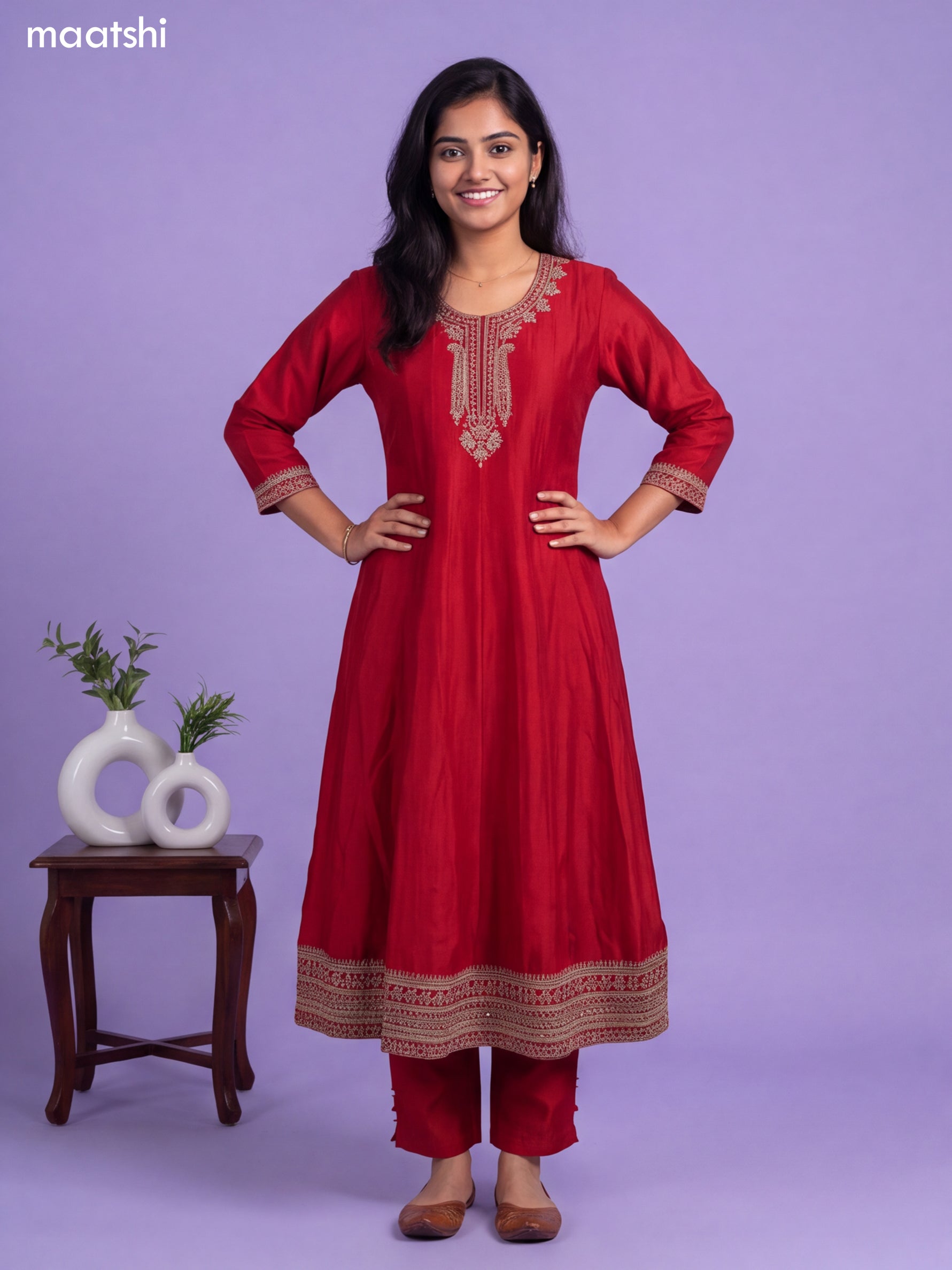 Red Art Silk Sequin Embroiderd Anarkali Suit