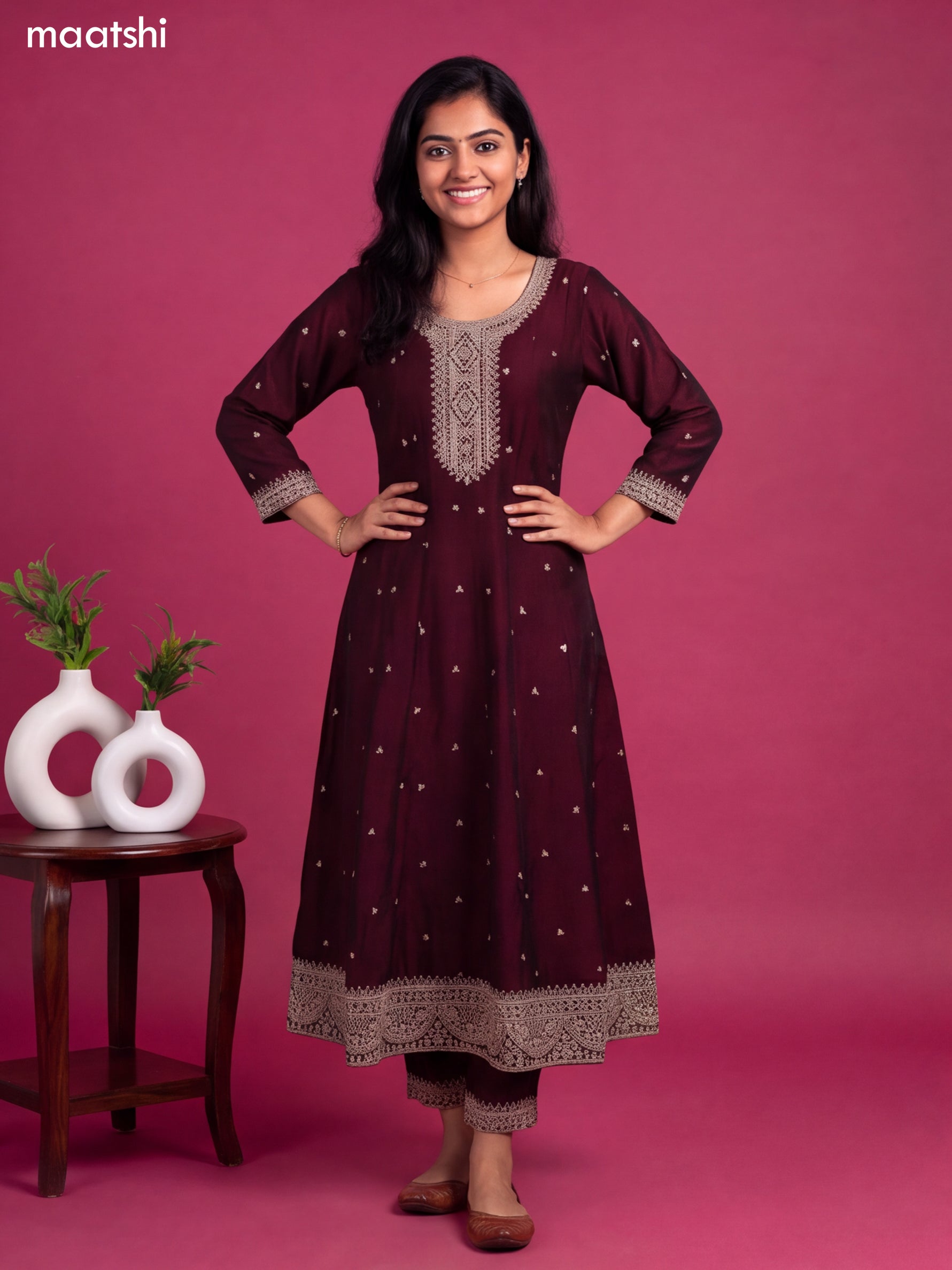 Wine Art Silk Sequin Embroiderd Anarkali Suit
