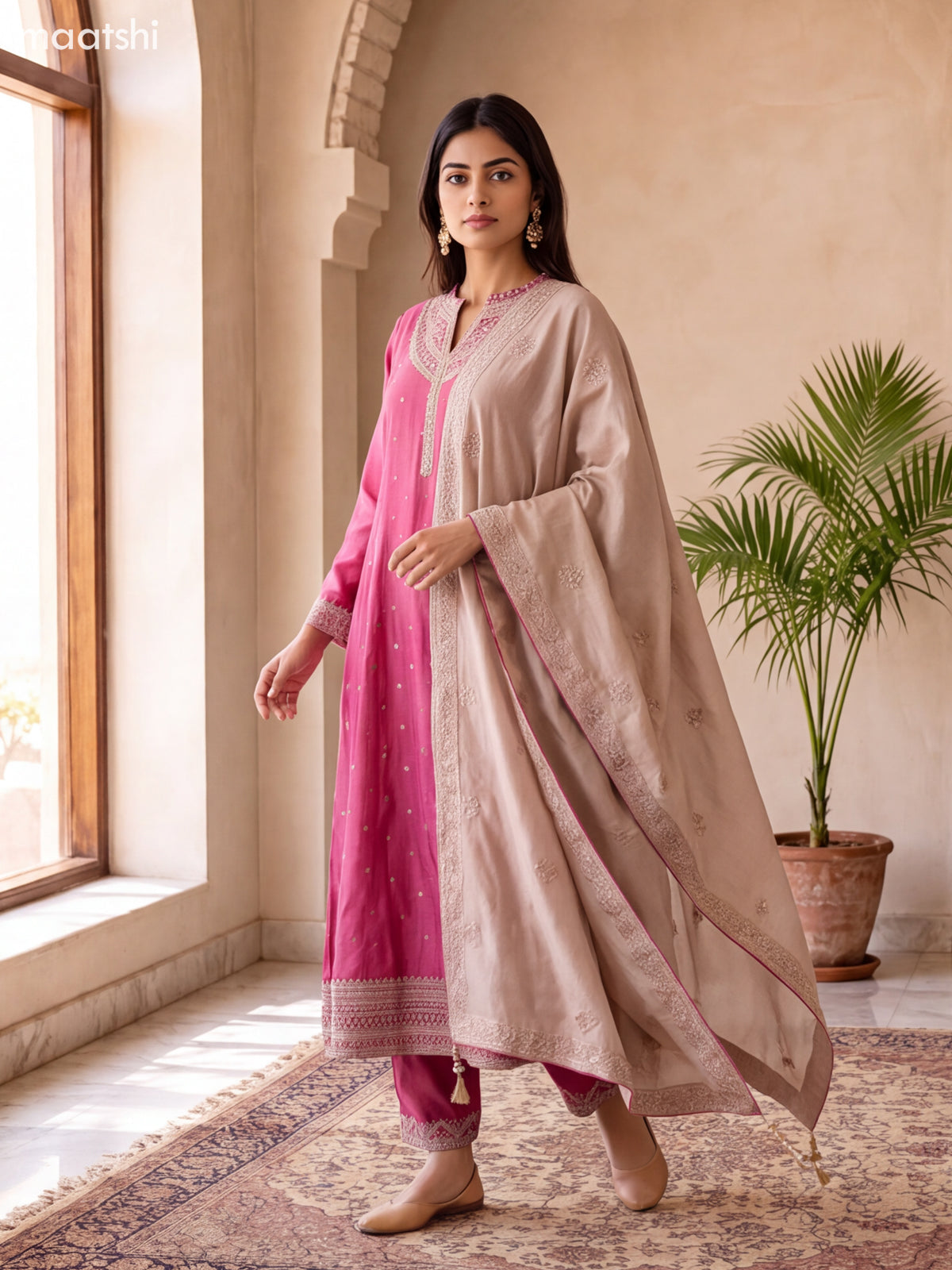 Biege and Pink Art Silk Embroidery Work Anarkali Suit