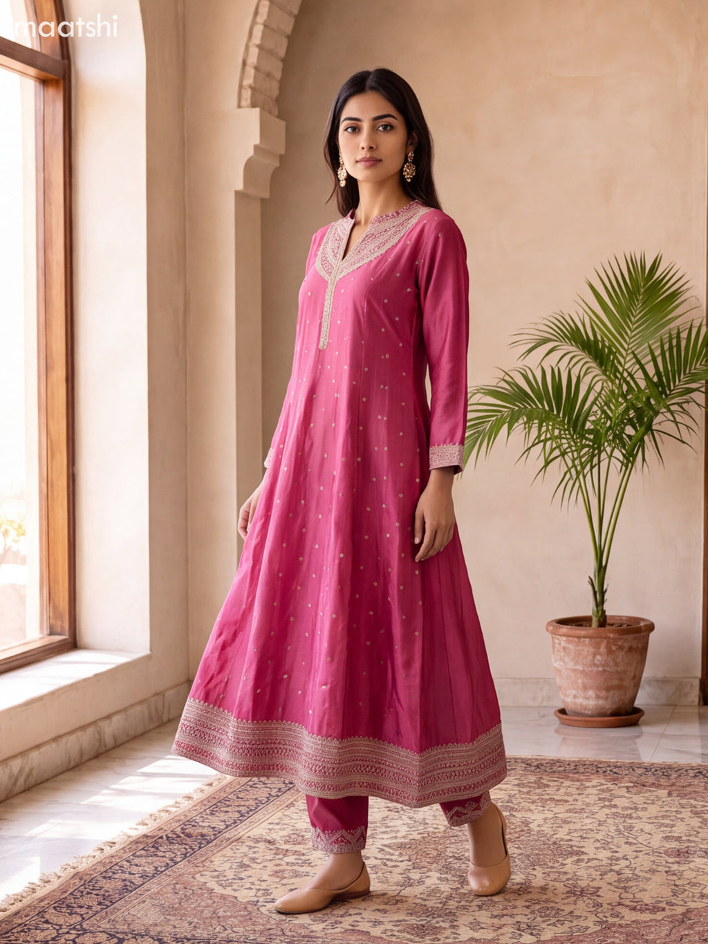 Biege and Pink Art Silk Embroidery Work Anarkali Suit